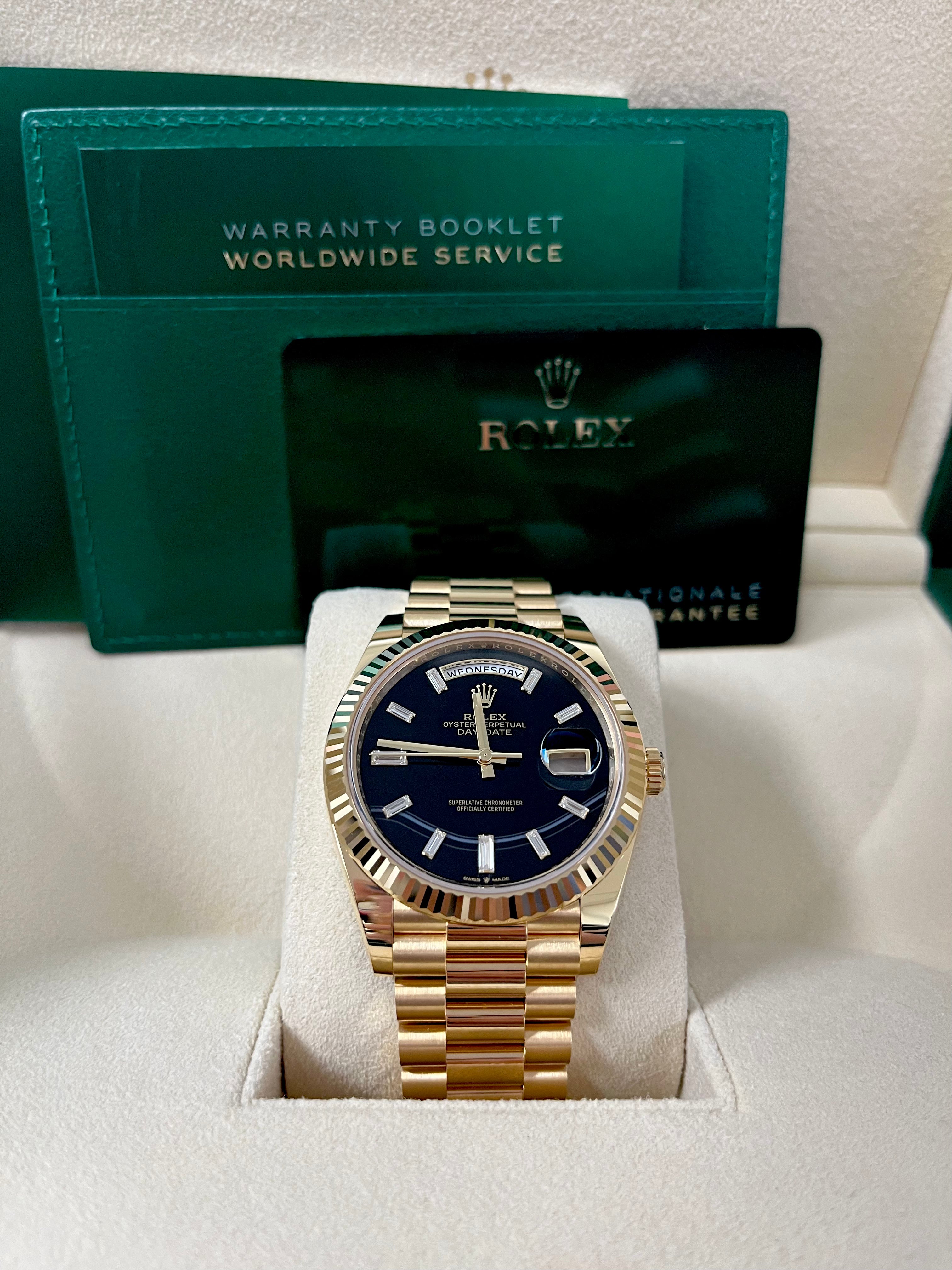 Rolex Day Date 40 Yellow Gold Men's Watch with Fluted Bezel, Onyx Dial & President Bracelet (Model 228238) - Luxury Dress Watch for Business & Formal Occasions