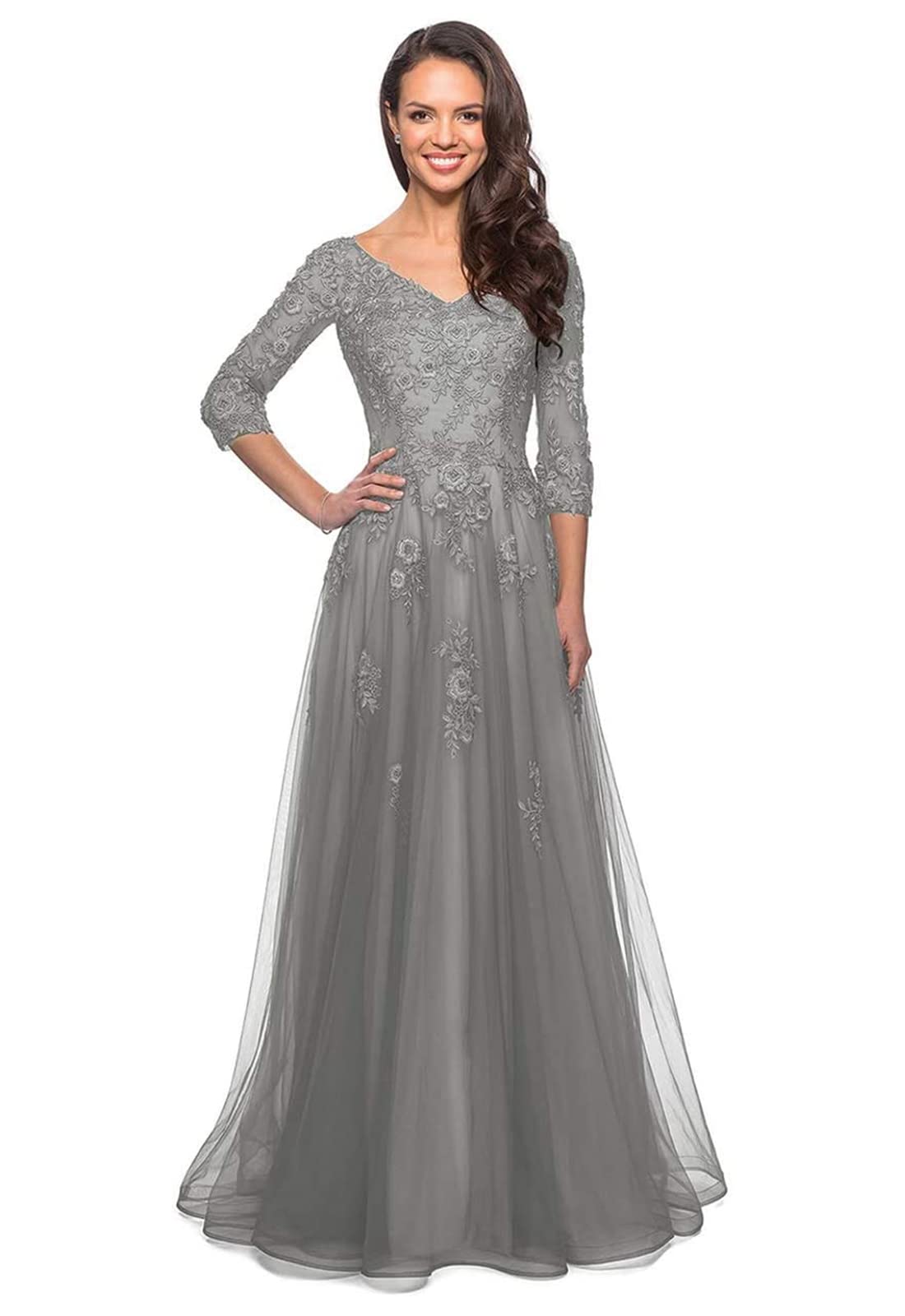 Elegant V-Neck Mother of The Bride Dress with 3/4 Sleeves - Long Formal Evening Gown for Weddings, Prom & Special Occasions