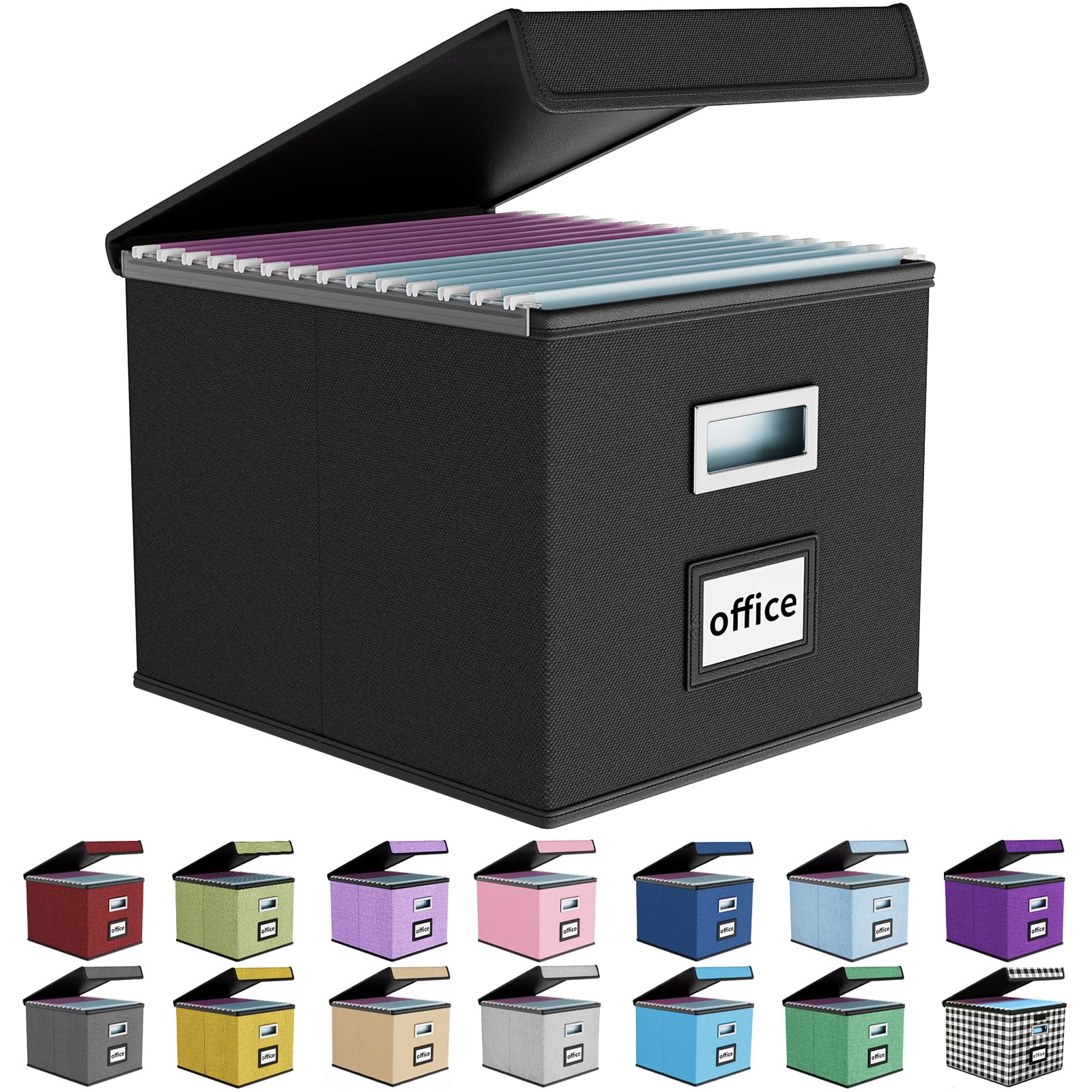 Huolewa Upgraded Portable File Organizer Box - Large Collapsible Linen Hanging Office Document Storage Box with Lid (Black, 14.9 x 12.59 x 10.8 inch) | Perfect for Home Office Organization, File Storage & Decorative Home Storage Solutions