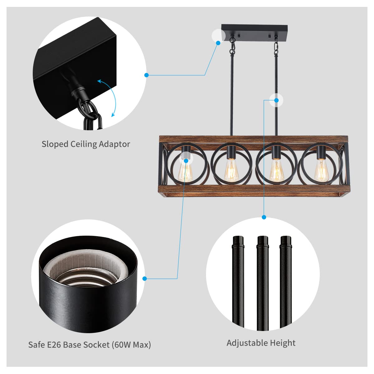 XINGQI Black Kitchen Island Light Fixture - Farmhouse Rectangular Linear Chandelier with Wood Grain Finish | 4-Light Pendant Ceiling Lighting for Dining Room, Bar, Office & Coffee Shop | Perfect for Modern Rustic & Industrial Decor