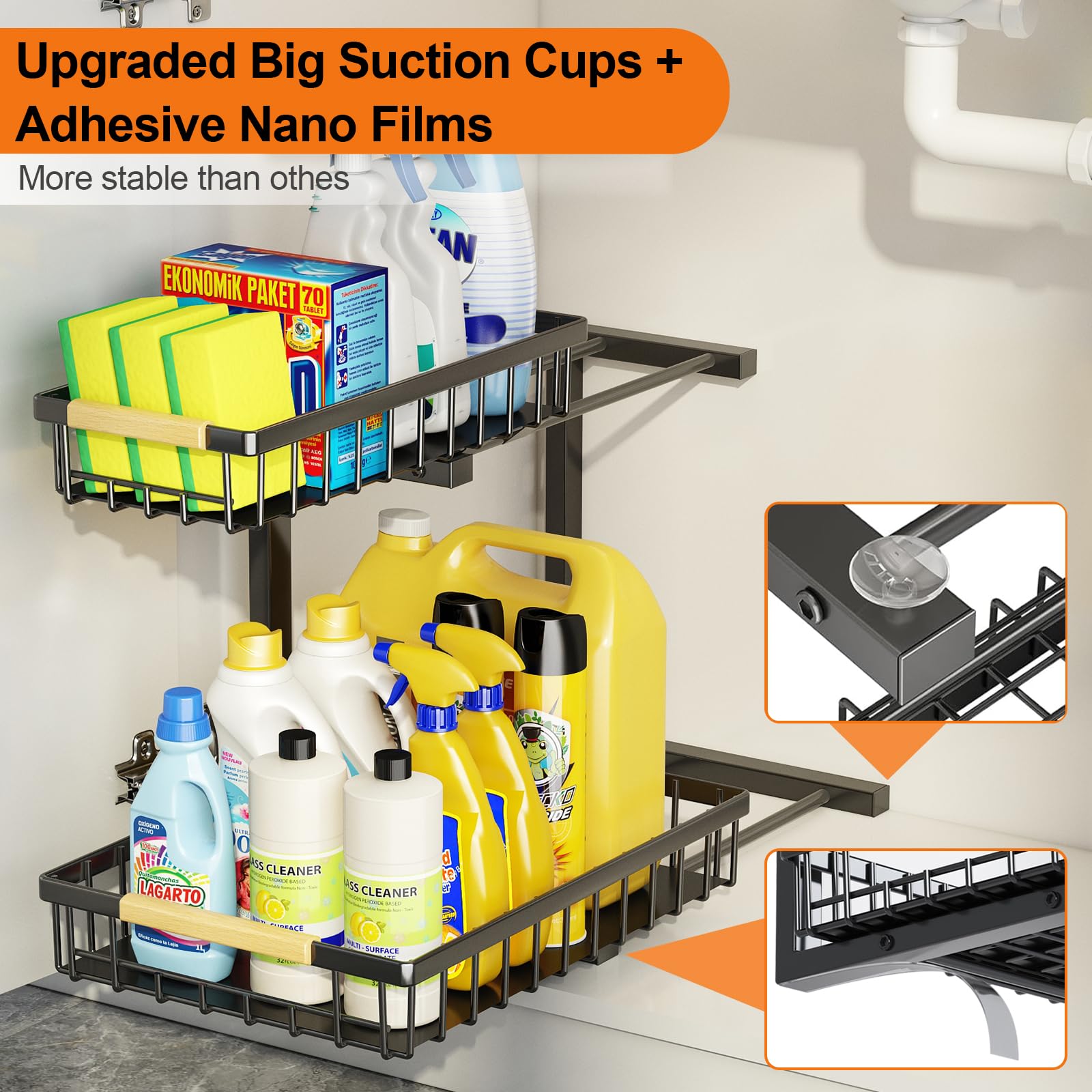 2-Tier Under Sink Organizer & Storage Shelf - Metal Pull Out Cabinet Organizer with Sliding Drawers for Kitchen, Bathroom & Closet (2 Pack) - Perfect for Maximizing Space Under Sinks and Cabinets