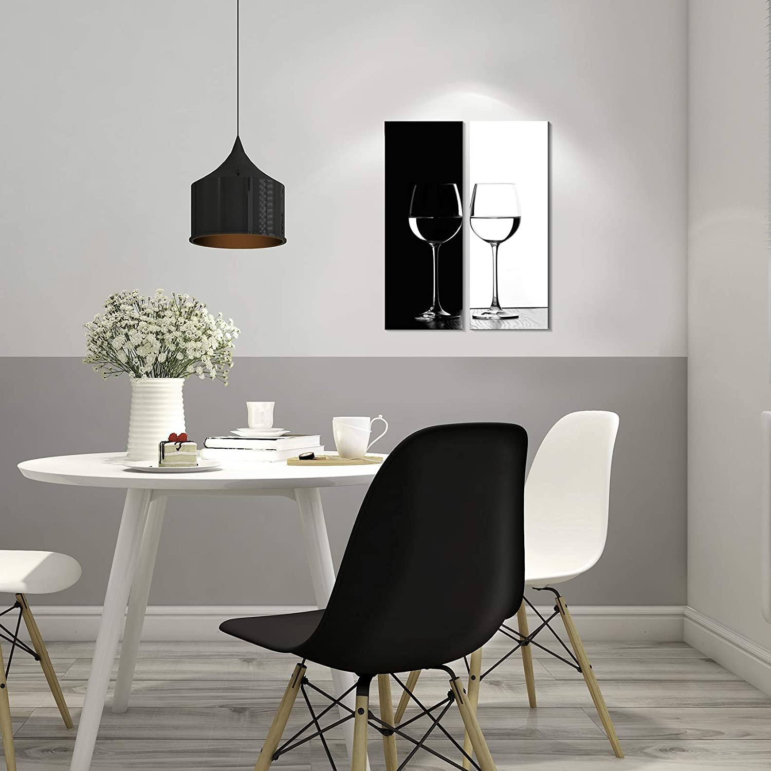 Black and White Wine Glass Canvas Prints - Modern Abstract Wall Art for Kitchen, Dining Room, Bar & Pub Decor - Set of 2 (12x32 Inches) - Perfect for Home, Office & Restaurant Decorations