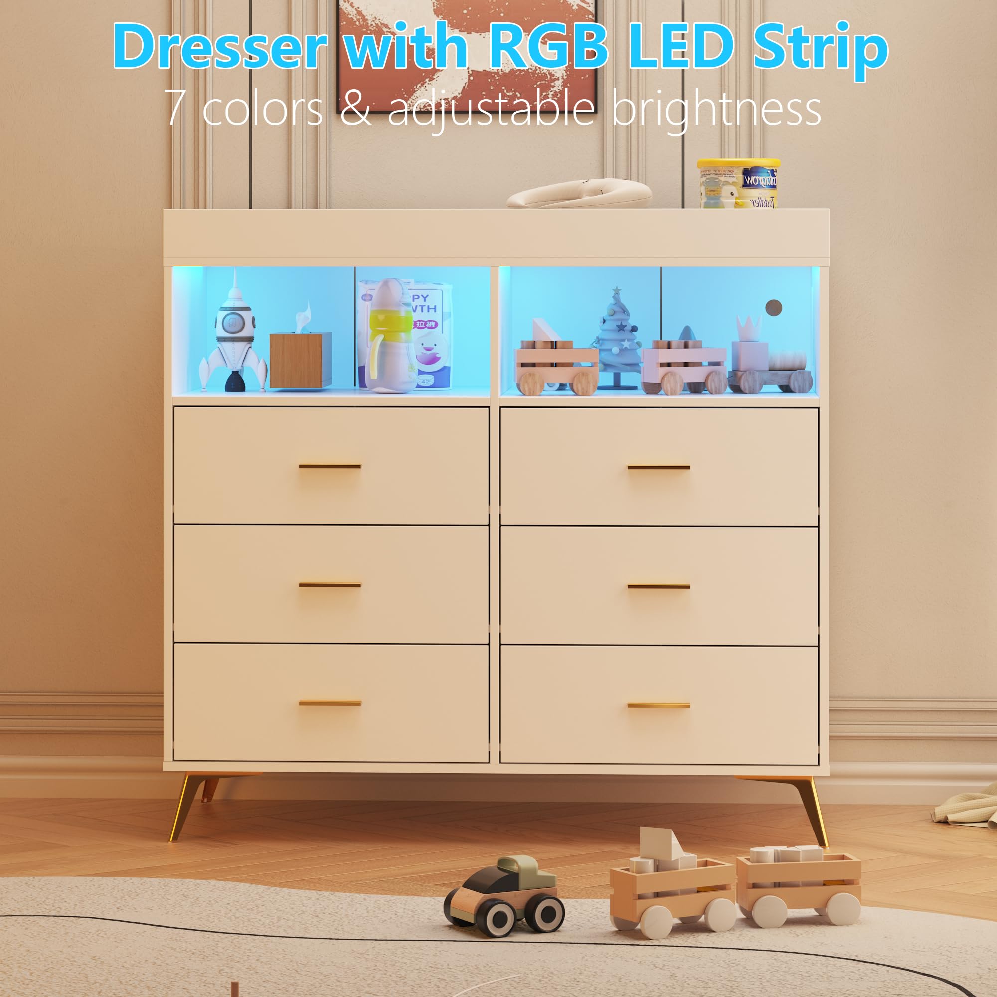 Baby Changing Table Dresser with LED Lights & Power Outlet - 6 Storage Drawers Nursery Organizer for Infants & Newborn - White Changing Station for Diapers, Clothes & Baby Essentials - Perfect for Nursery, Bedroom & Baby Shower Gifts