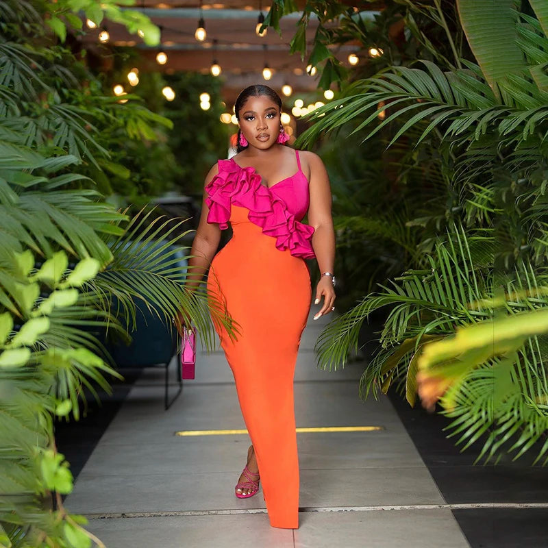 2023 New Fashion Orange Women's Sleeveless Sexy V-Neck Ruffles Bodycon Midi Bandage Dress for Birthday Party, Club Night, Cocktail Event & Special Occasions