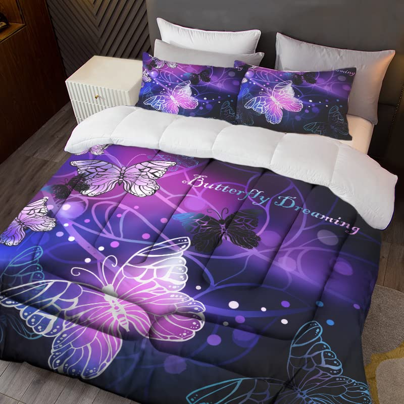 Sunnycitron 3D Purple Butterfly Bedding Set - Queen Size Comforter with 2 Pillowcases | Vibrant Neon Butterfly Design for Girls & Teens | Fade Resistant & Machine Washable | Perfect for Bedroom Decor, Sleepovers & Teen Room Makeover