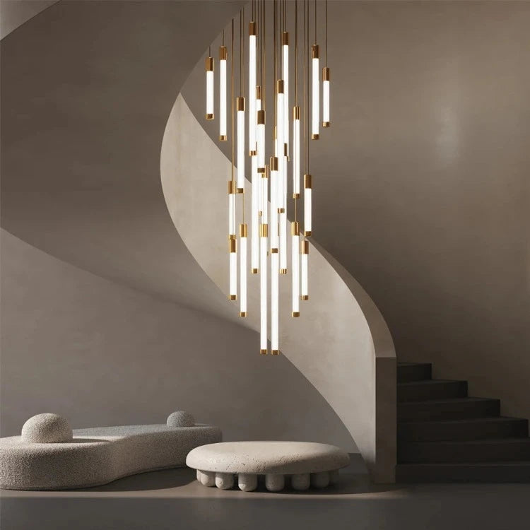Modern Gold Tube LED Staircase Chandelier - Elegant Lighting Fixture for Hallway, Foyer & Stairwell Decor | Dimmable LED Chandelier for Home & Hotel Lighting