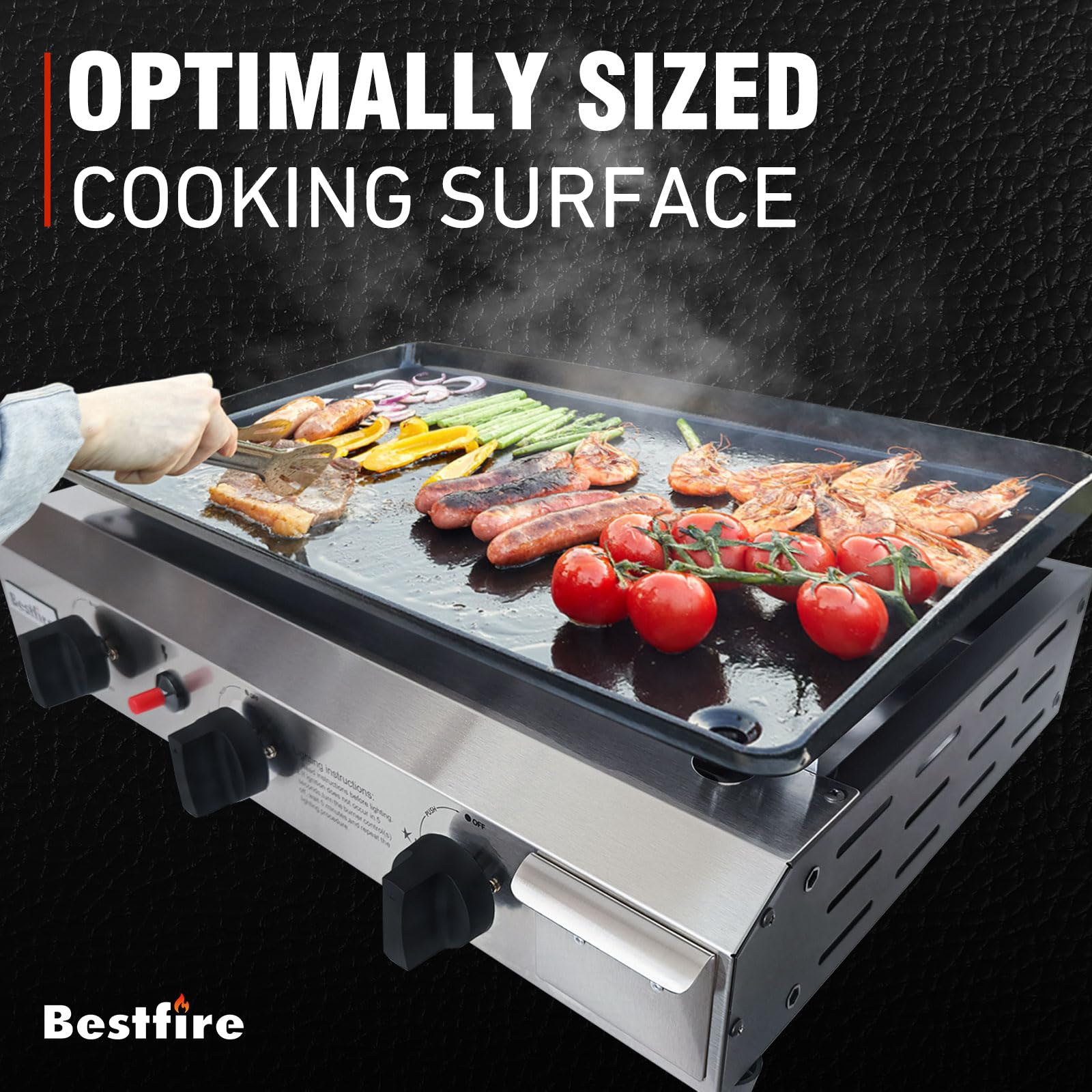 BESTFIRE 23-Inch Flat Top Grill with 3 Burners - 30,000 BTU Portable Propane Gas Griddle - Detachable Stainless Steel Outdoor Cooking Station for Backyard, Camping & Tailgating Parties