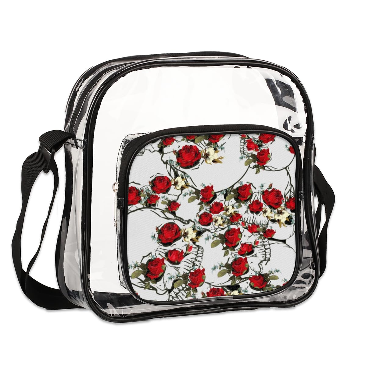 Red Rose Pattern Clear Crossbody Purse Bag - Floral Transparent Shoulder Bag for Women & Men | Stadium Approved Clear Purse for Concerts, Festivals, Sports Events | Perfect for Music Festivals, Theme Parks & Security Checkpoints
