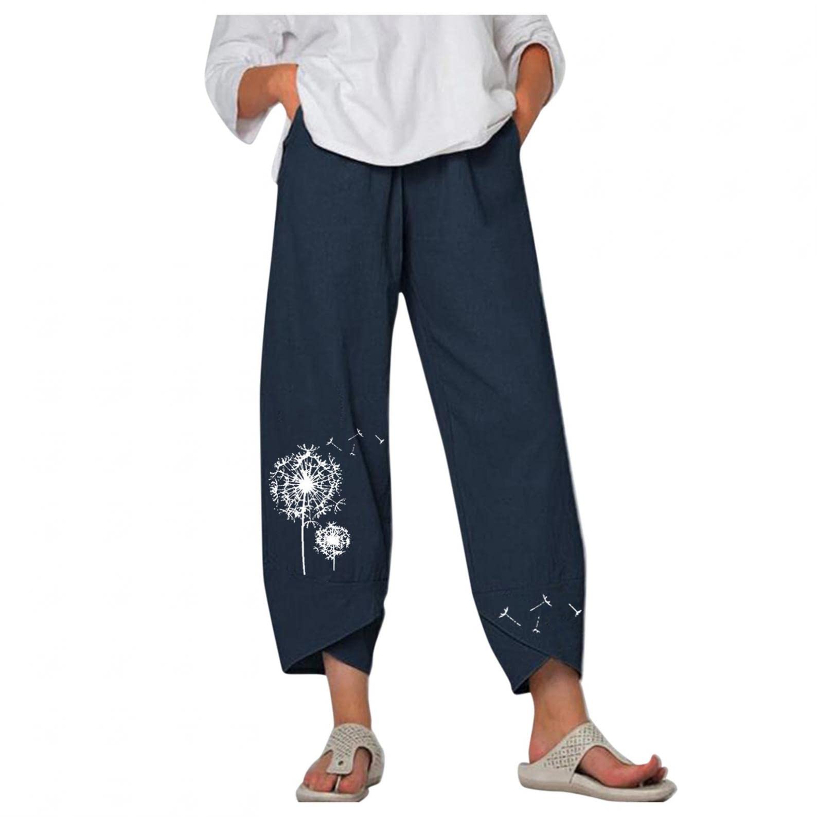 Women's Wide Leg Linen Pants - Elastic Waist Cropped Dandelion Pants for Casual Wear | Perfect for Summer, Beach, and Boho Style Outfits