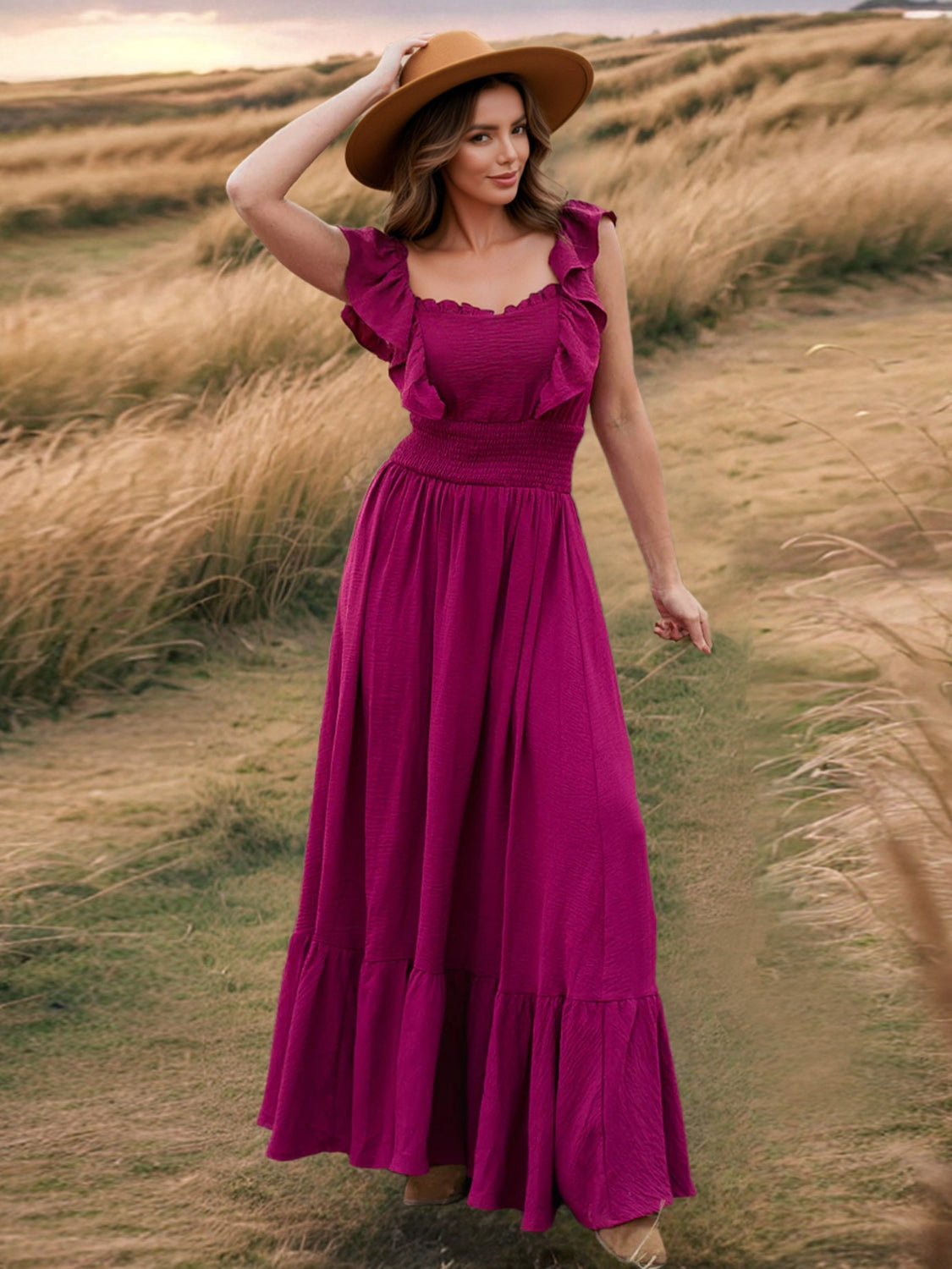 Elegant Ruffled Square Neck Maxi Beach Dress for Women - Flowy Summer Vacation Dress for Beach, Pool, and Resort Wear