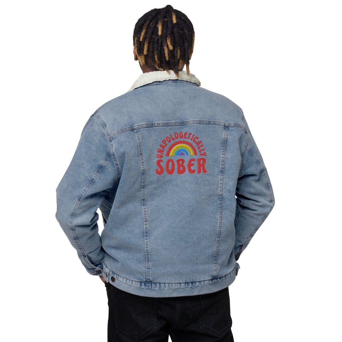 Unisex Sherpa Denim Jacket with Embroidered 'Unapologetically Sober' Design - Cozy Winter Fashion for Sober Living & Recovery Support