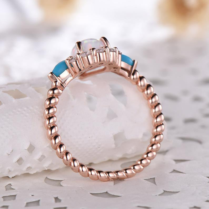 Vintage Art Deco Rose Gold Pear Shaped Opal Engagement Ring with CZ Diamond & Turquoise Accents – Elegant Bridal Jewelry for Women, Wedding, Promise, Anniversary Gift – Perfect for Proposals, Romantic Occasions & Special Celebrations