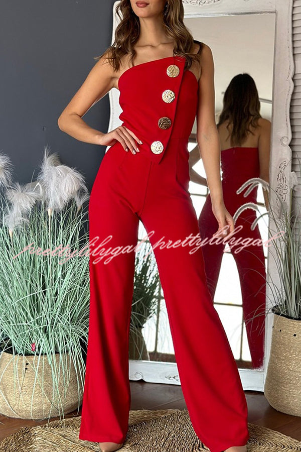Solid Color Sexy Tube Top Gold Button Embellished Bootcut Jumpsuit for Women | Elegant One-Piece Romper with Metallic Accents | Perfect for Night Out, Party & Special Occasions