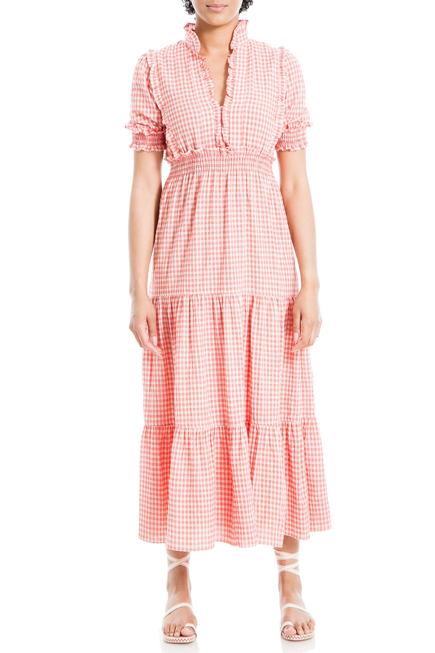 Max Studio Women's Plaid Smocked Tiered Maxi Dress - Flowy Long Summer Dress for Beach, Vacation & Casual Wear