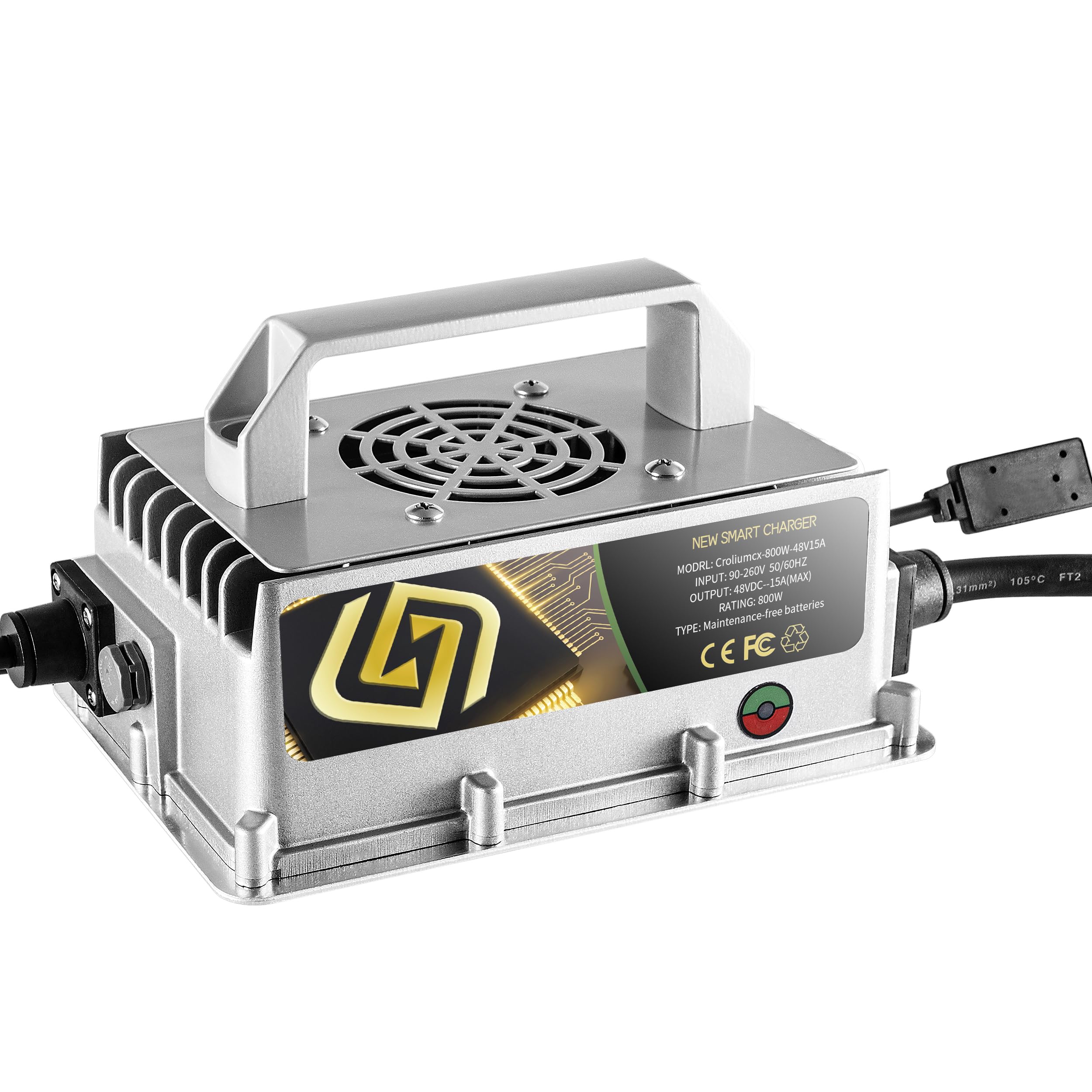 48V 15A Aluminum Golf Cart Battery Charger with 2-Pin Crowfoot Plug - Wide Voltage Input for 48V Golf Carts - Perfect for Home, Club & Course Charging Needs