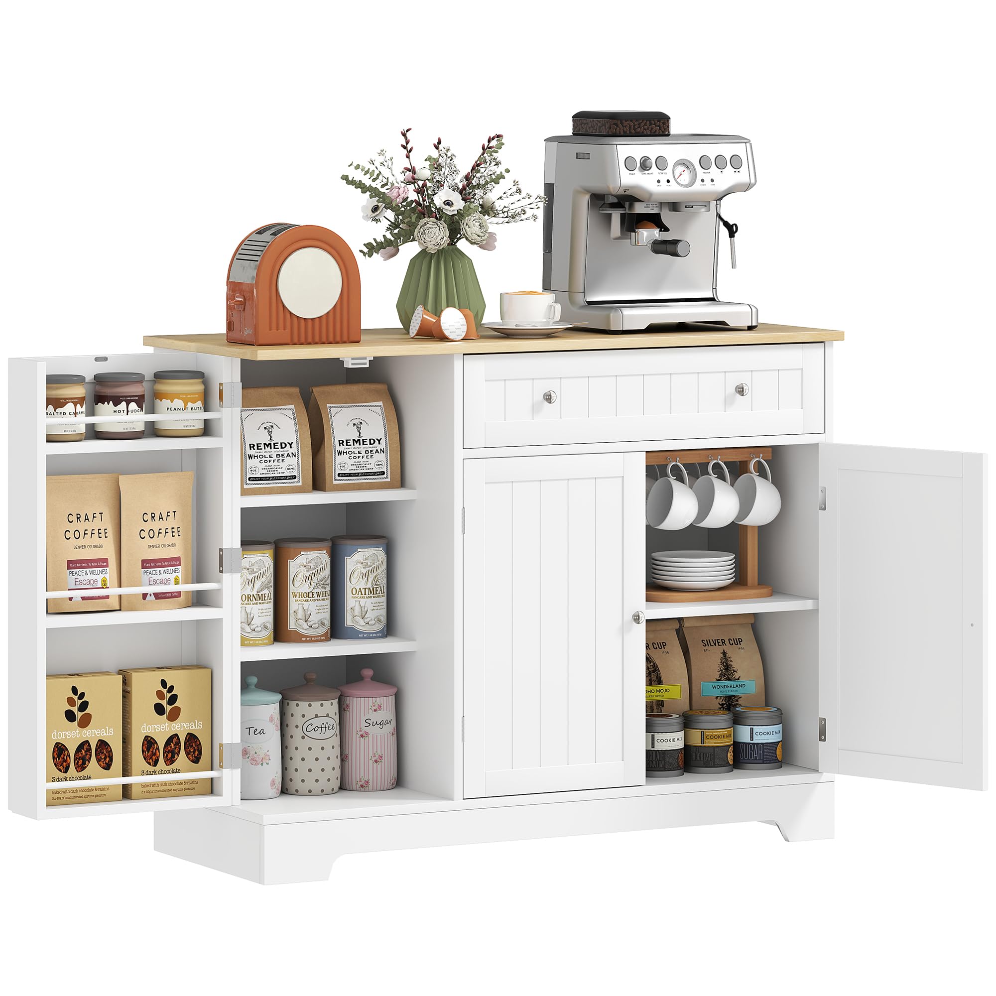Modern White Coffee Bar Cabinet with Storage & Adjustable Shelves - Sideboard Buffet Cabinet with Drawers for Small Kitchen Pantry - Perfect for Home Bar, Dining Room & Kitchen Organization