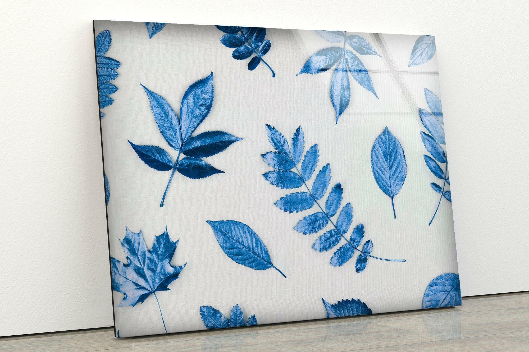 Blue Leaves Glass Wall Art - Handmade Stained Glass Decor for Home & Office - Perfect for Living Room, Bedroom, and Window Decorations