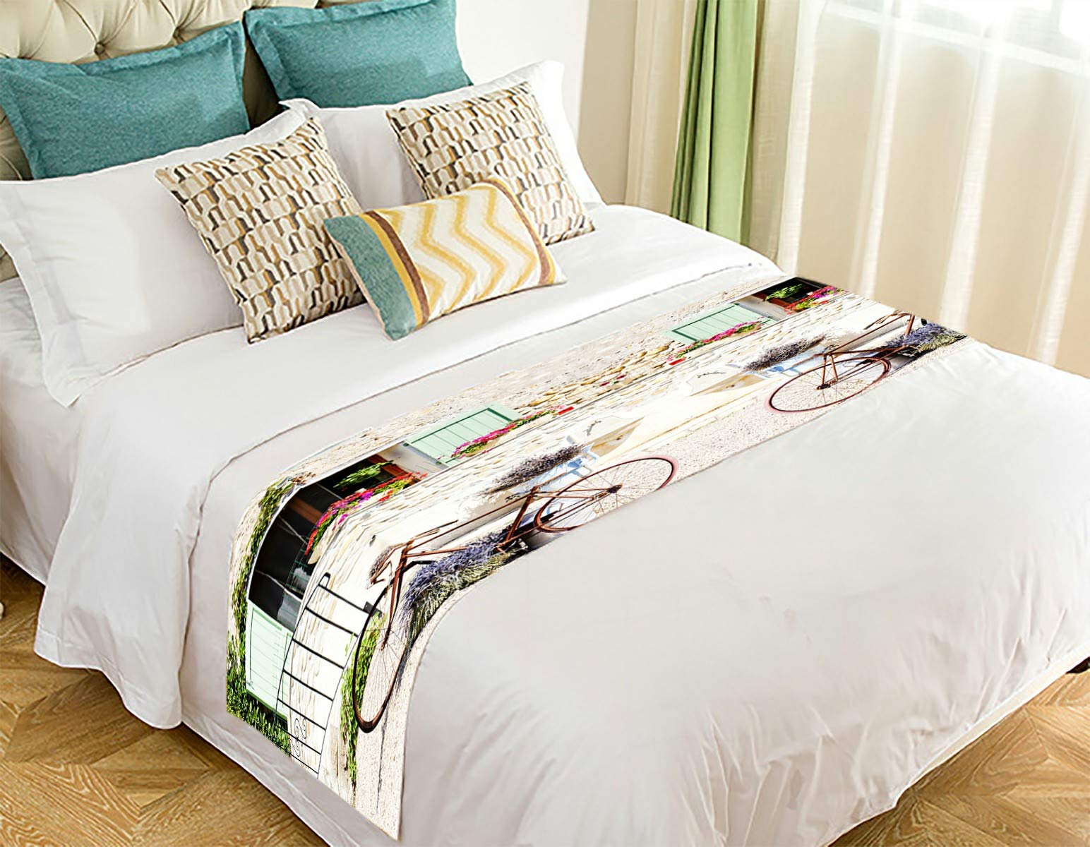 ECZJNT French Provence Style Bicycle Print Bed Runner Scarf - 20x95 Inch Decorative Bed Cover for Farmhouse, Vintage, or Boho Chic Bedroom Decor