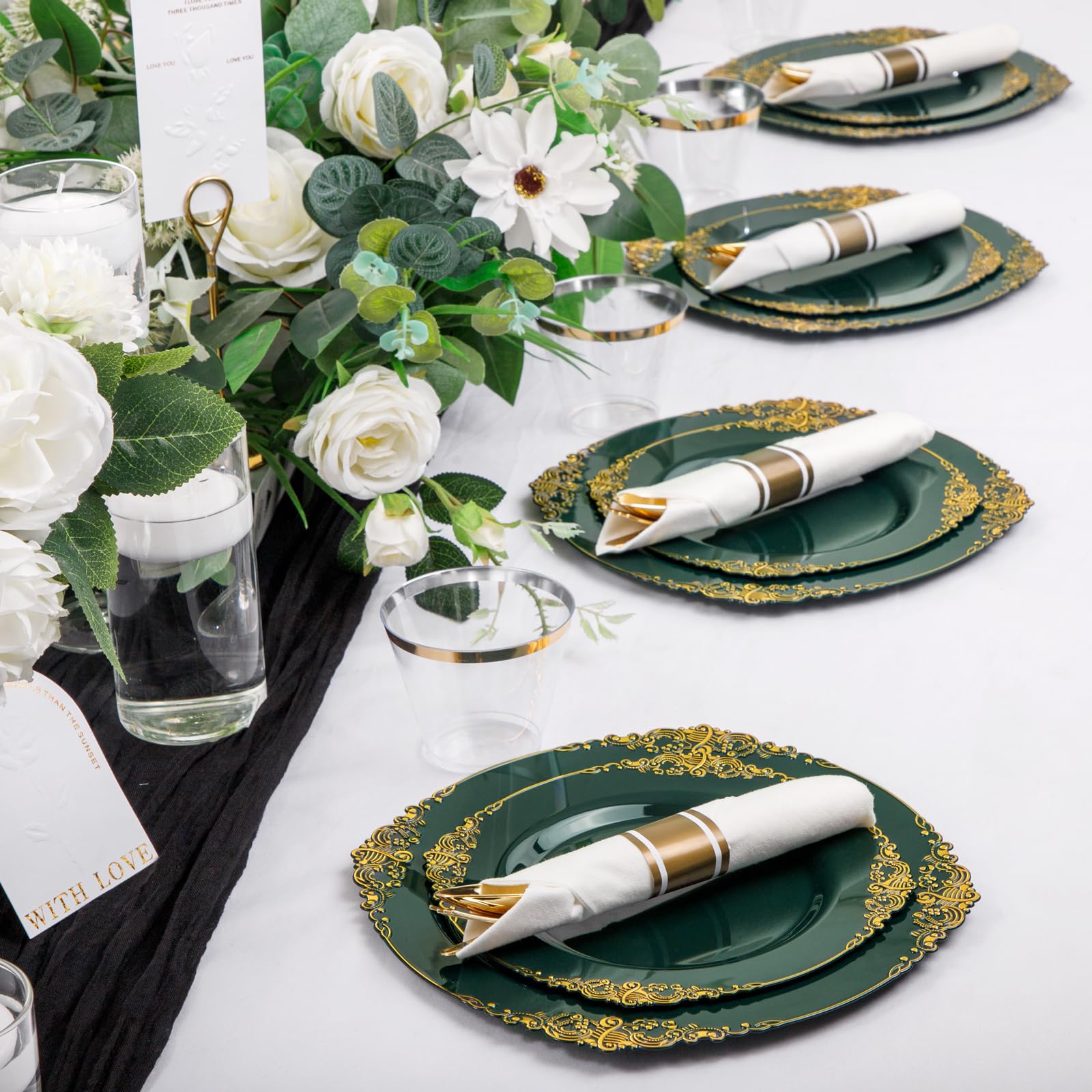 175-Piece Eco-Friendly Disposable Party Tableware Set - 50 Green Plastic Plates, 75 Silverware, 25 Cups & 25 Napkins for Wedding, Birthday & Events | Perfect for 25 Guests | Sustainable Party Supplies for Outdoor Gatherings & Celebrations