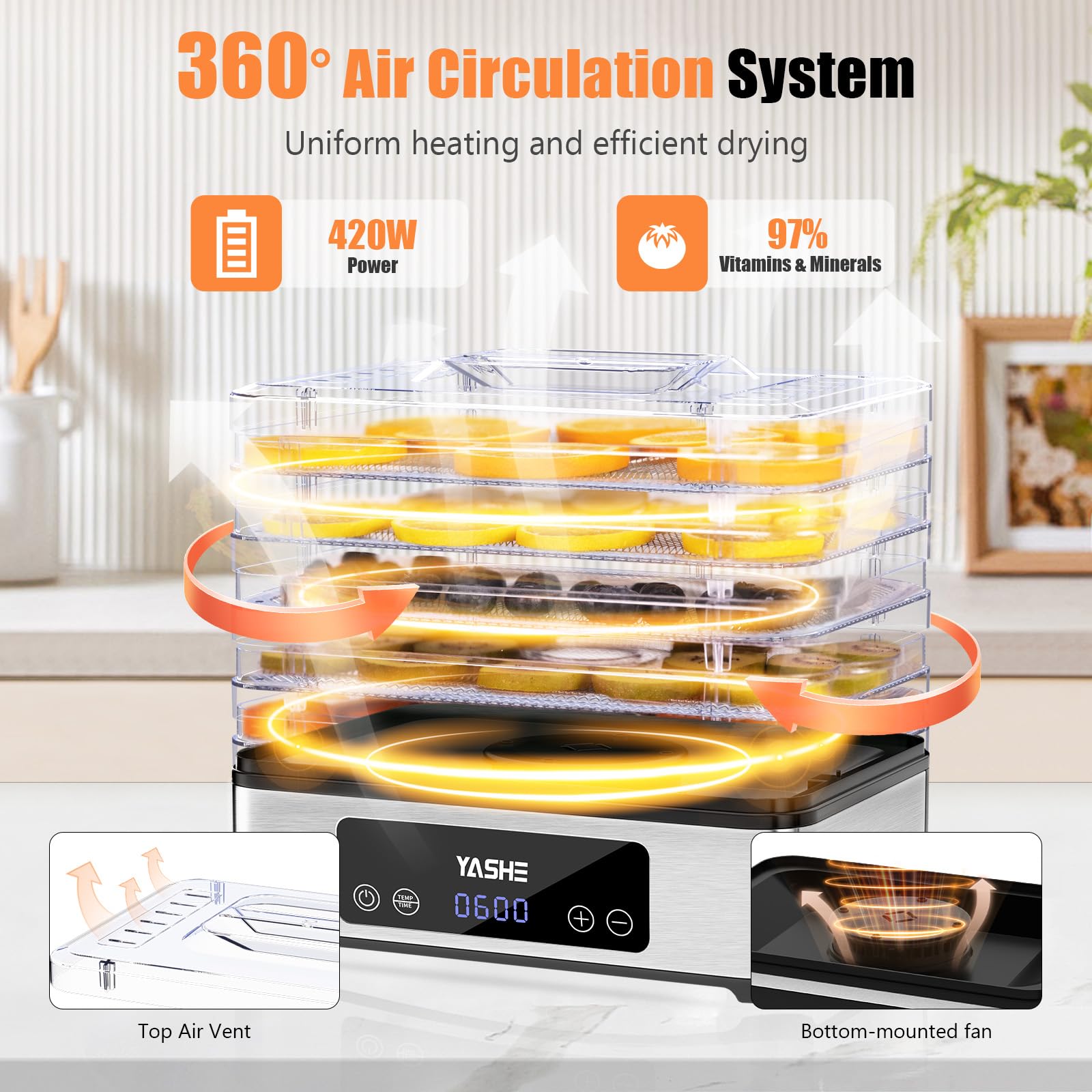 YASHE 5-Tray Stainless Steel Food Dehydrator - 420W Electric Food Dryer with 48H Timer & Temperature Control - Perfect for Jerky, Herbs, Fruits, Meat, Dog Treats - Includes Free Recipe Book - Ideal for Home Kitchen, Camping & Healthy Snack Preparation