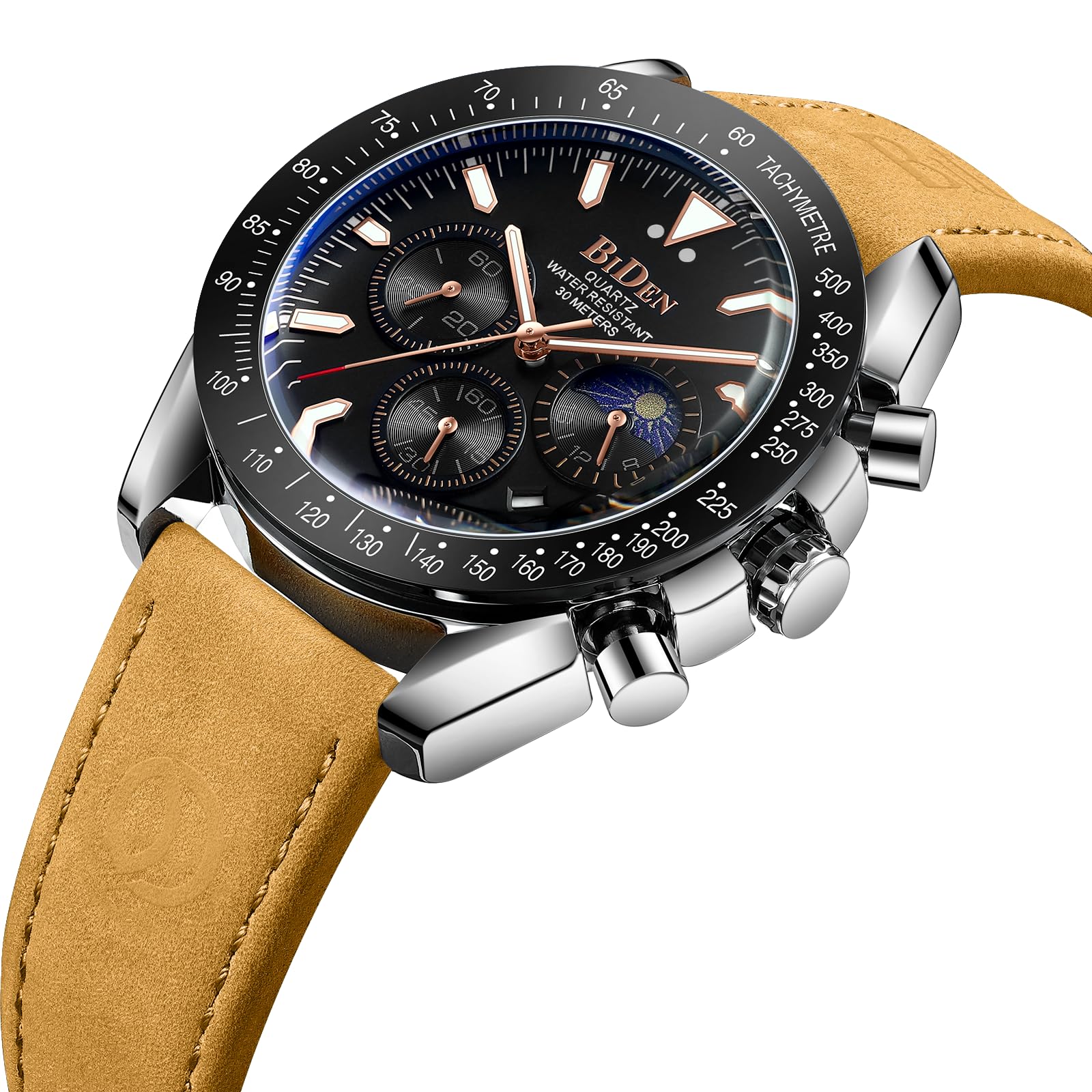 HANPOSH Men's Analog Quartz Chronograph Watch - Luxury Genuine Leather Business Watch with Date, Luminous Hands, Waterproof & Moon Phase - Perfect Gift for Dad, Husband, or Businessmen (Office, Formal Events, Daily Wear)