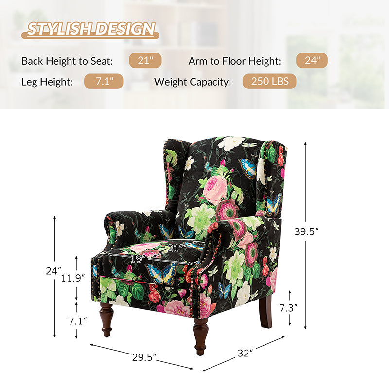 Felix Upholstered Wingback Armchair with Spindle Legs - Comfortable Living Room Chair for Reading & Relaxing - Perfect for Home Office, Bedroom or Lounge Area