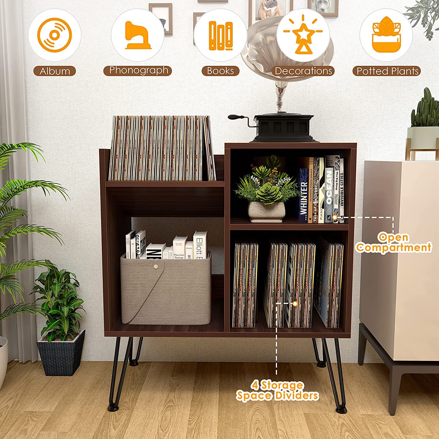 iyrany Record Player Stand with Vinyl Storage - Turntable Stand Cabinet with Metal Legs Holds 250+ Albums - Perfect for Living Room, Bedroom & Office Music Setup