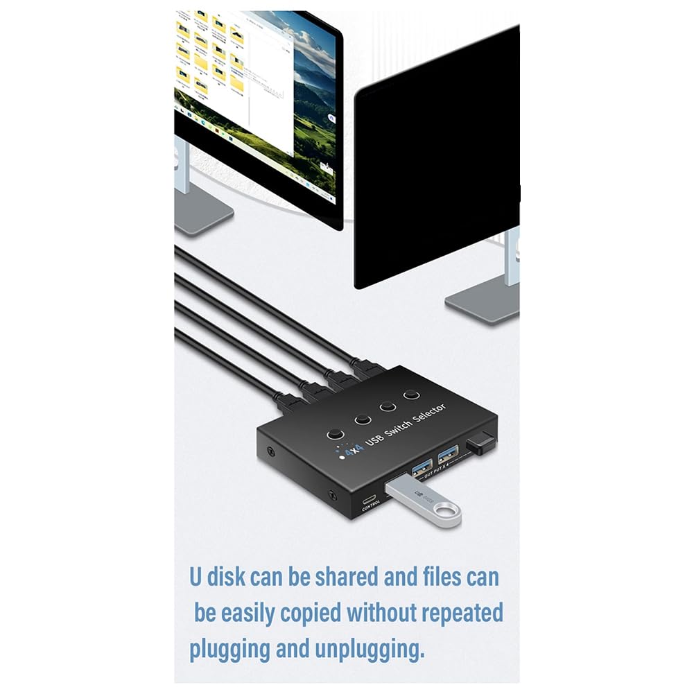 JUJNE USB 3.0 KVM Switch 4 Port - 4 Computer Sharing Device for PC, Laptop, Printer, Mouse & Keyboard - High-Speed USB 3.0 Hub for Home Office & Gaming Setup