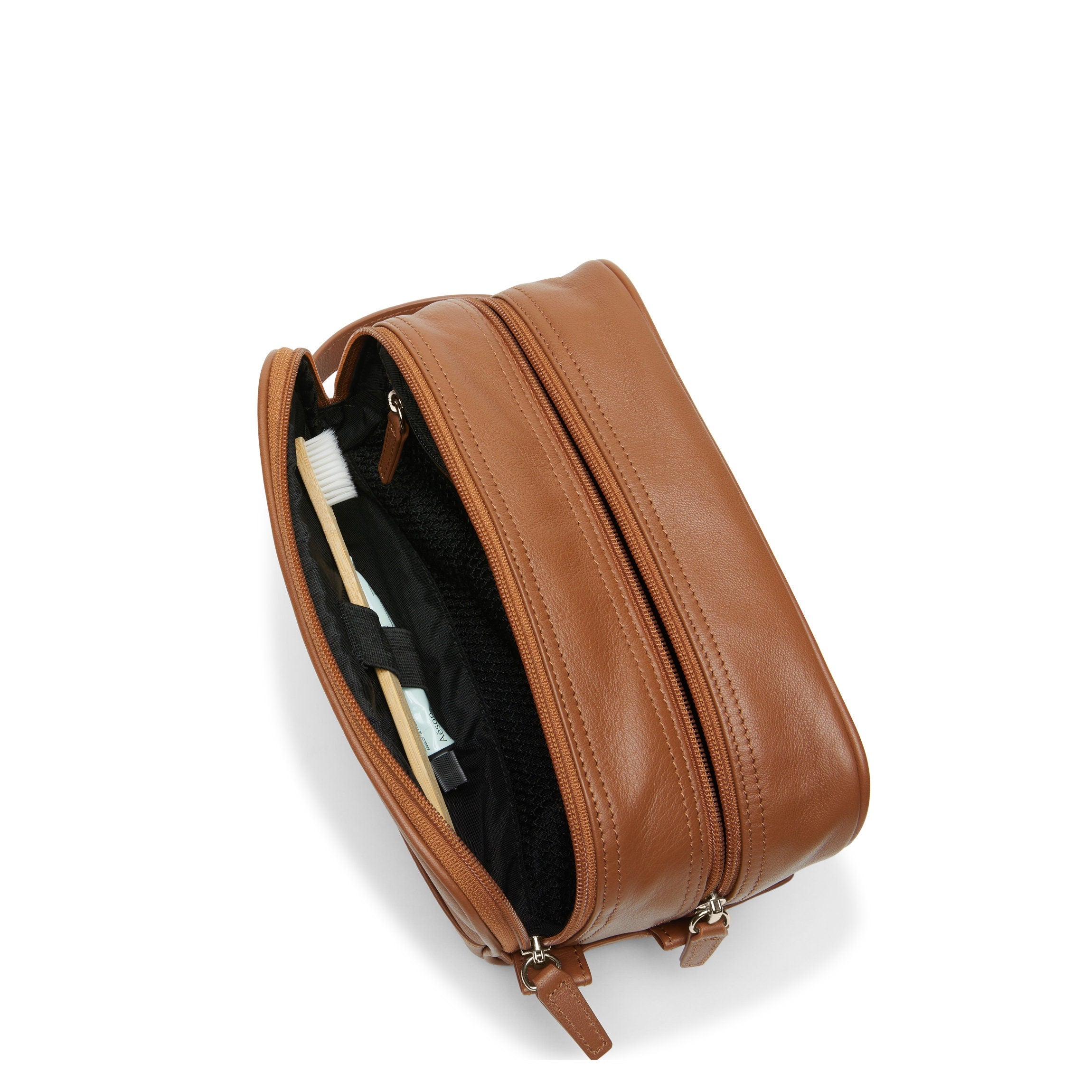 Premium Small Double Zip Toiletry Bag in Cognac - Perfect for Travel, Gym & Daily Essentials Organization