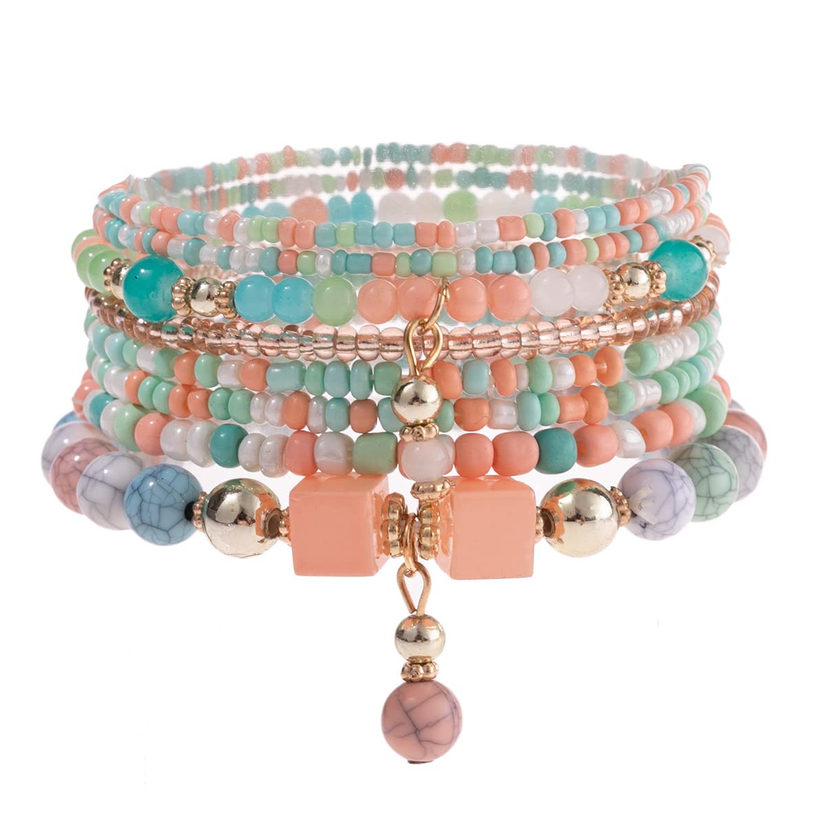 Bohemian Rice Bead Bracelets for Women - Stackable Stretch Elastic Layering Friendship Bracelets - Boho Jewelry for Summer & Holiday - Perfect for Beach, Music Festivals & Casual Wear