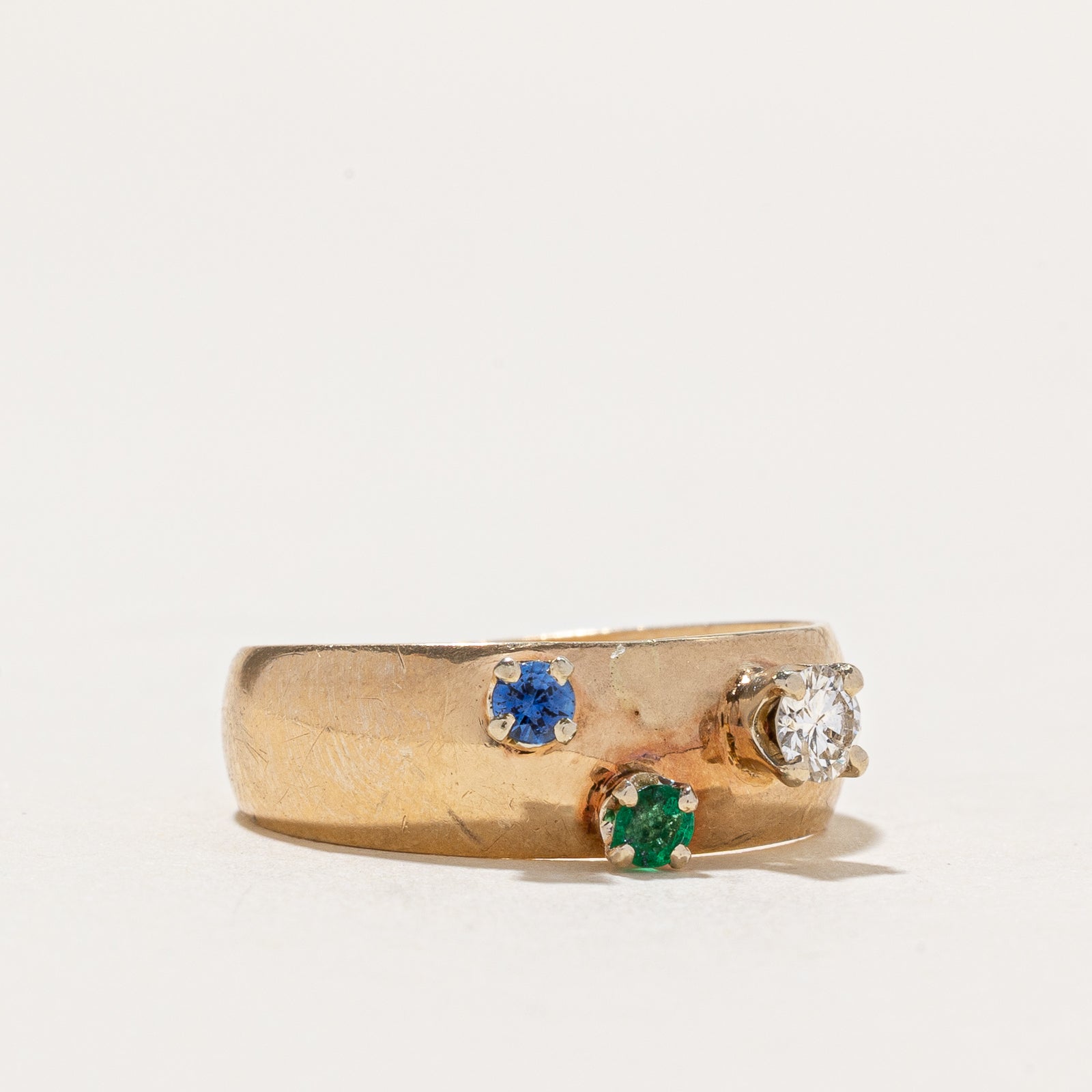 Three Stone Diamond, Sapphire & Emerald Ring | 0.14ct Diamond with 0.10ctw Sapphire & Emerald | Size 5.75 | Elegant Wedding Band, Anniversary Gift for Her, Perfect for Engagement & Special Occasions