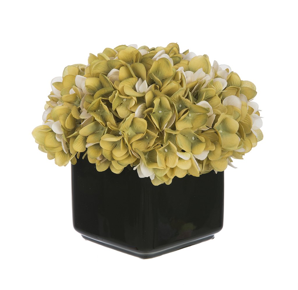 Artificial Hydrangea Flowers in Small Black Cube Ceramic Vase - Sage Green & Cream White Home Decor for Living Room, Bedroom, and Office