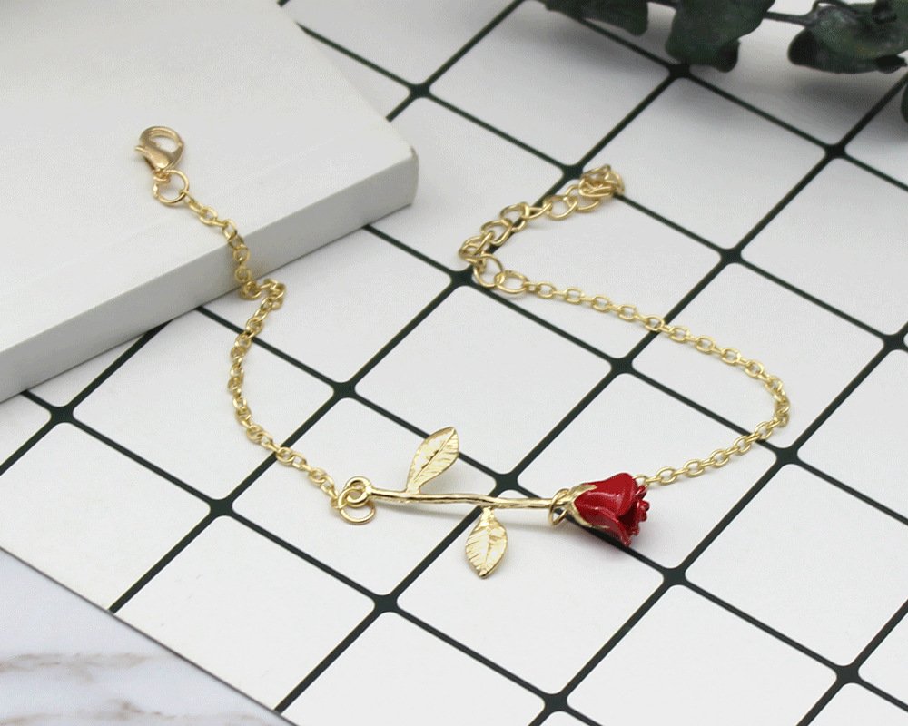 WLL Elegant 3D Red Rose Flower Charm Bracelet for Women - Beauty and The Beast Inspired Rose Jewelry, Perfect Bridesmaid Gift & BFF Present - Ideal for Weddings, Anniversaries & Romantic Occasions