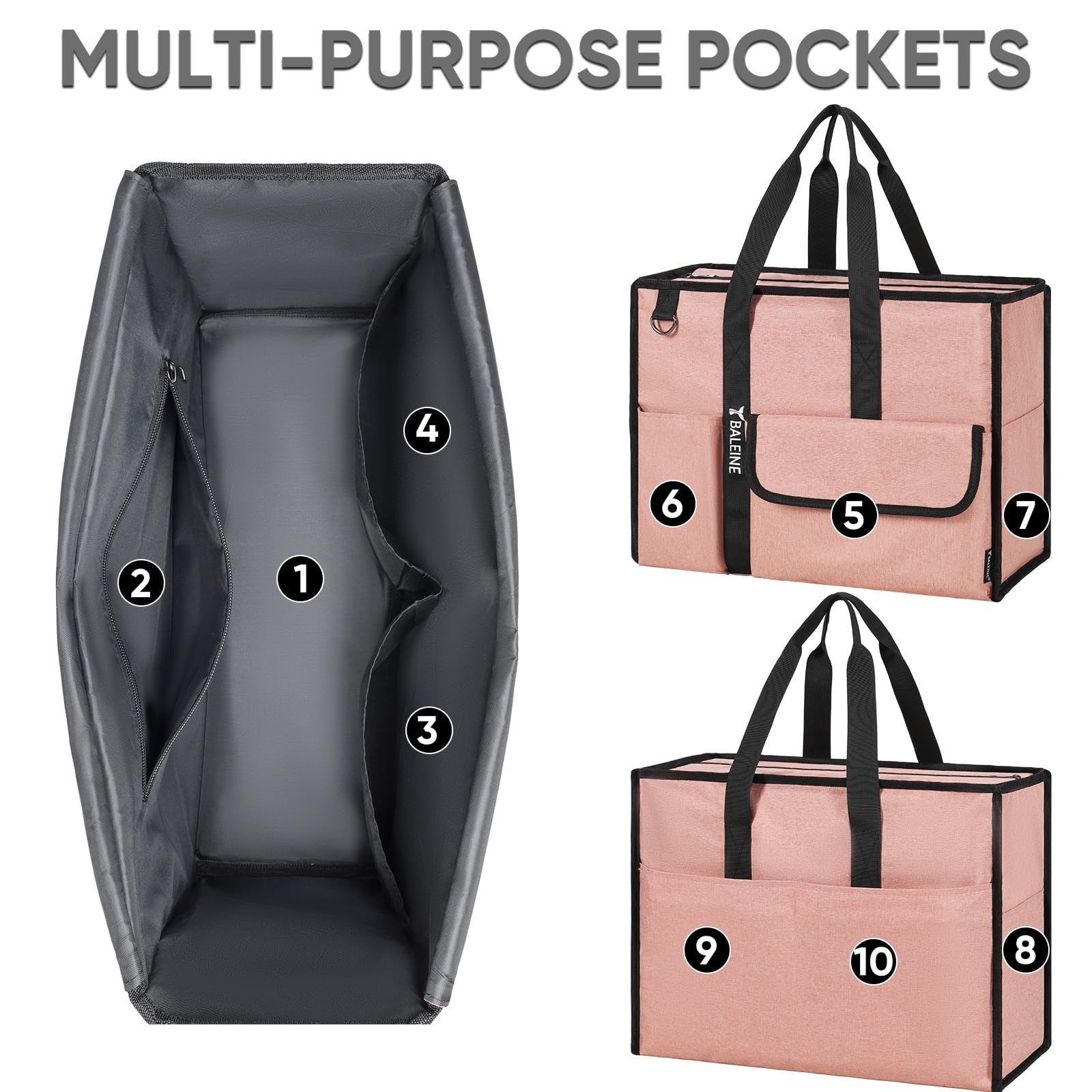 BALEINE Large Foldable Tote Bag with Pockets - for Nurse, Travel & Work