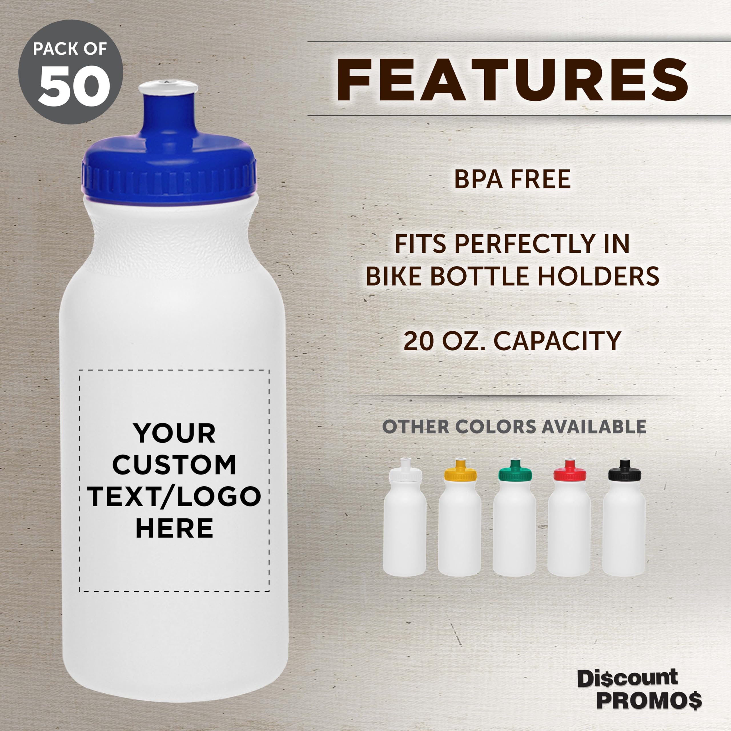 Custom White Water Bottles with Push Cap - 50 Pack, Personalized Text & Logo, 20oz BPA-Free Reusable Squeeze Bottles in Bulk (White/Blue) - Perfect for Promotions, Events, Gyms & Outdoor Activities