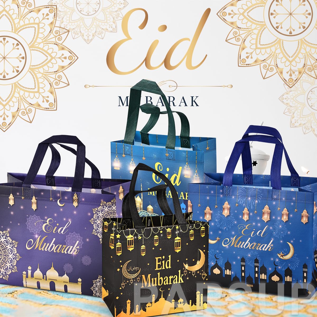 PARSUP 4PCS Reusable Eid Gift Bags with Handles - Assorted Sizes, Islamic Design, Durable Non-Woven Fabric - Perfect for Eid al-Fitr, Ramadan Gifts, Party Favors & Special Occasions