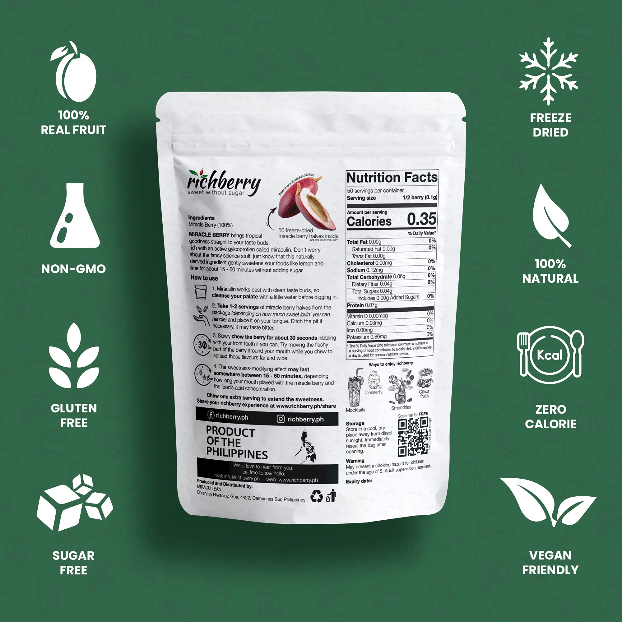 Richberry Miracle Berry Freeze Dried Fruit - 50 Halves | 100% Natural Sour Taste Modifier | No Preservatives, Vegan & Gluten-Free | Perfect for Taste Tripping, Healthy Snacks & Enhancing Sour Foods (Lemons, Grapefruit, Vinegar)