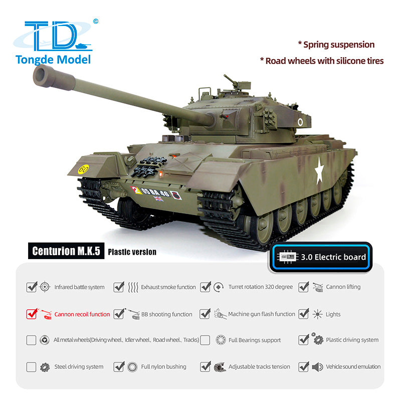 1/16 RC Infrared Battle Tank - Remote Control Panzer Centurion MK5 Electric Toy Tank with BB Shooting & Barrel Recoil - Military Model for Kids & Adults - Perfect for War Games & Collectors Display