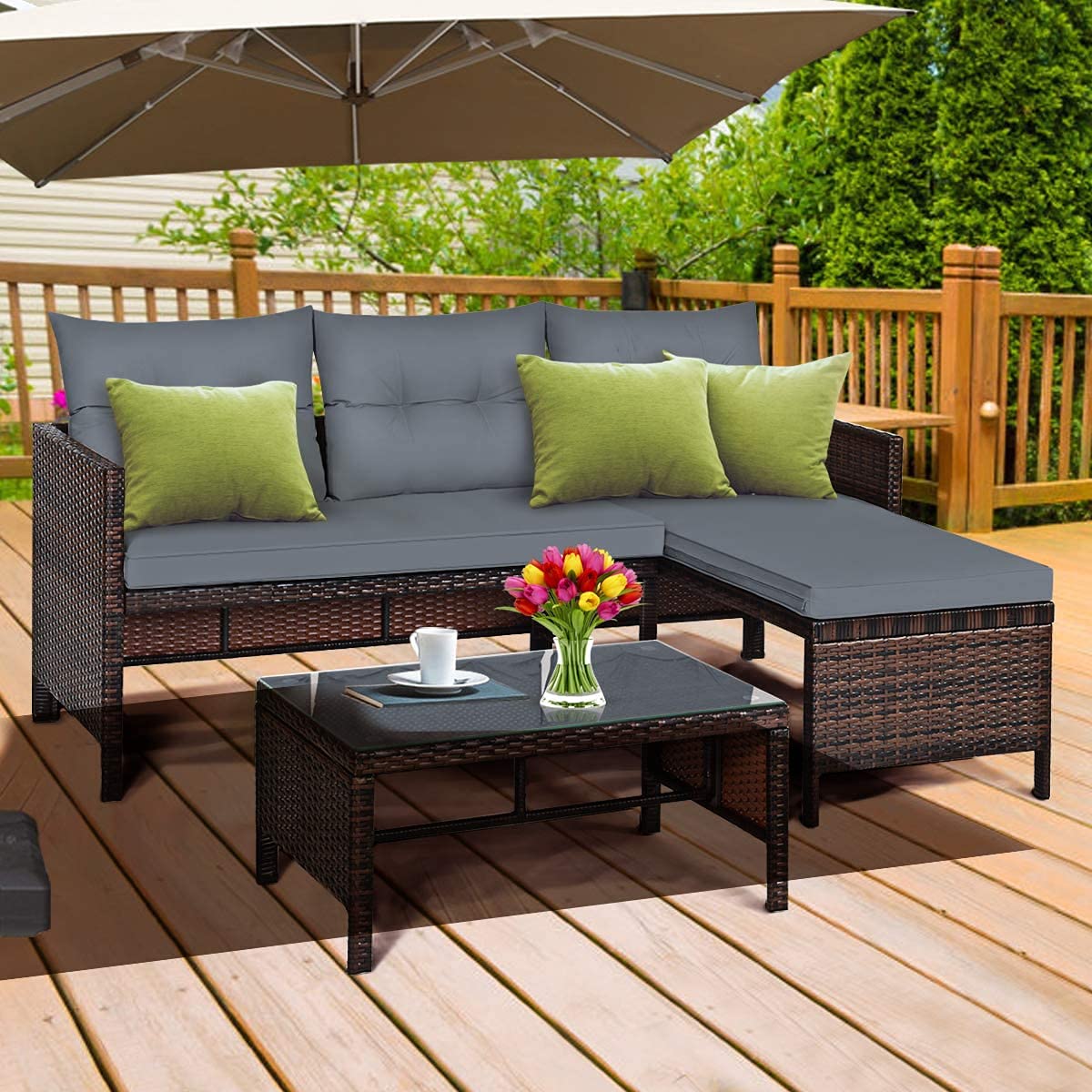 LUARANE 3-Piece Outdoor Patio Corner Sofa Set with Lounge Chair, Double Chair & Coffee Table - Waterproof Grey Wicker Furniture for Garden, Poolside, Backyard & Lawn Relaxation | Durable All-Weather Conversation Set for Outdoor Entertaining