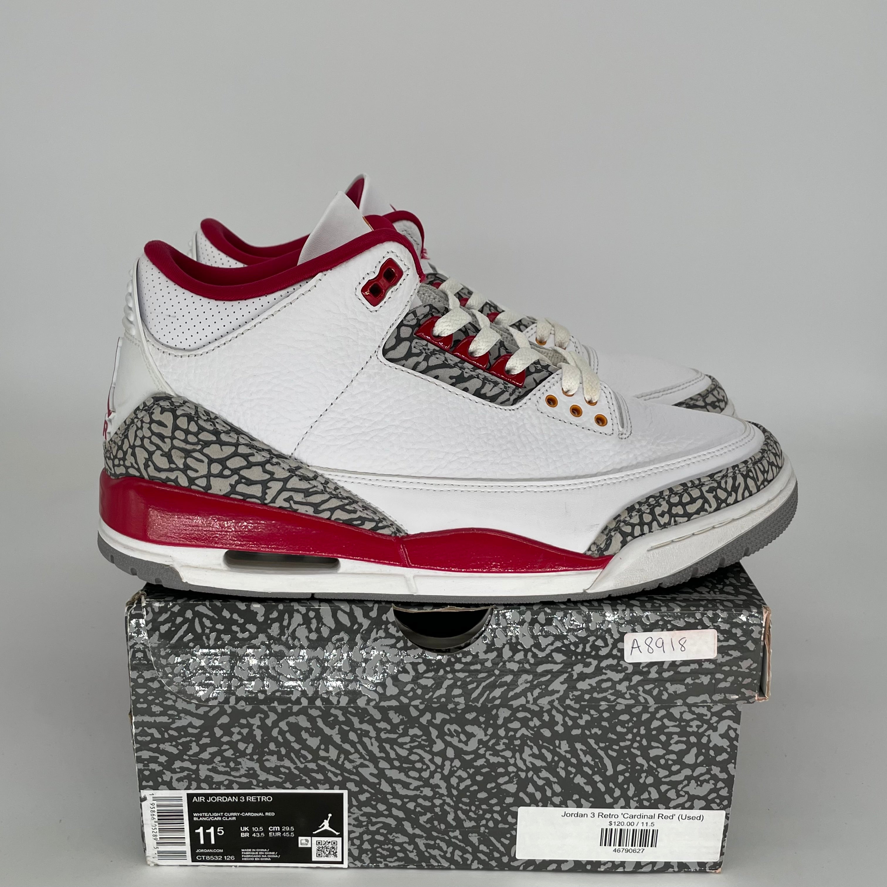 AIR JORDAN 3 CARDINAL Men's Basketball Shoes Size 11.5 - White/Red Colorway CT8532-126 | Retro Sneakers for Casual Wear, Street Style & Basketball Games