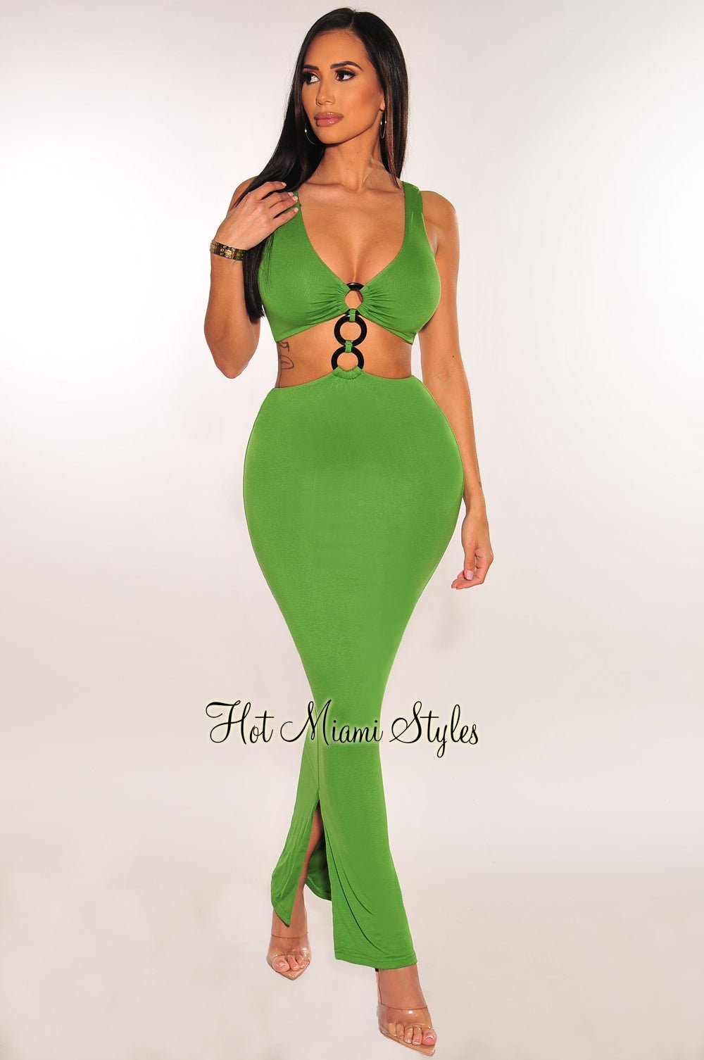 Sexy Green Black O Ring Sleeveless Cut Out Bodycon Dress with Double Slit - Perfect for Night Out, Club Party & Date Night