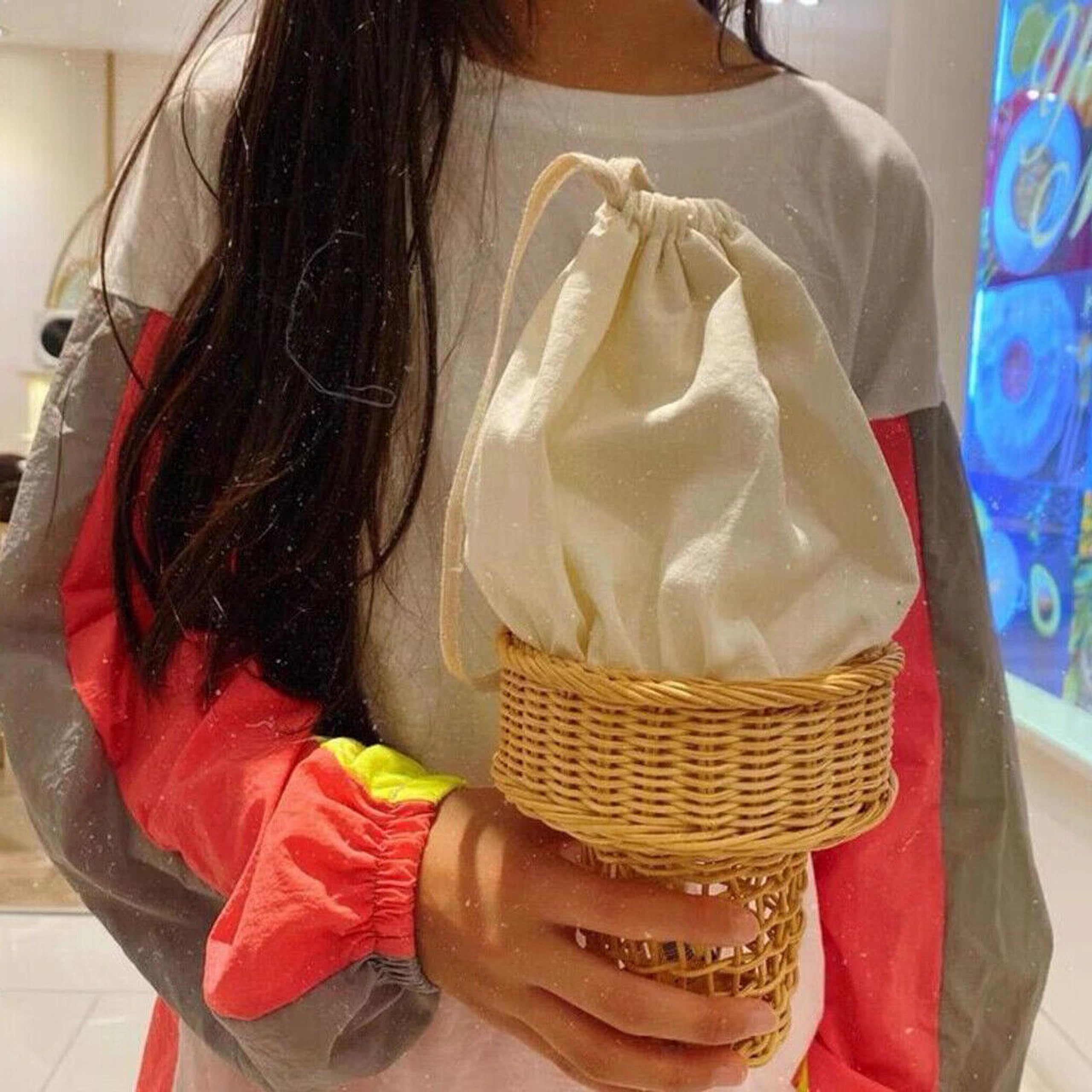 Funny Ice Cream Rattan Beach Bag - Handmade Woven Crossbody Purse for Women