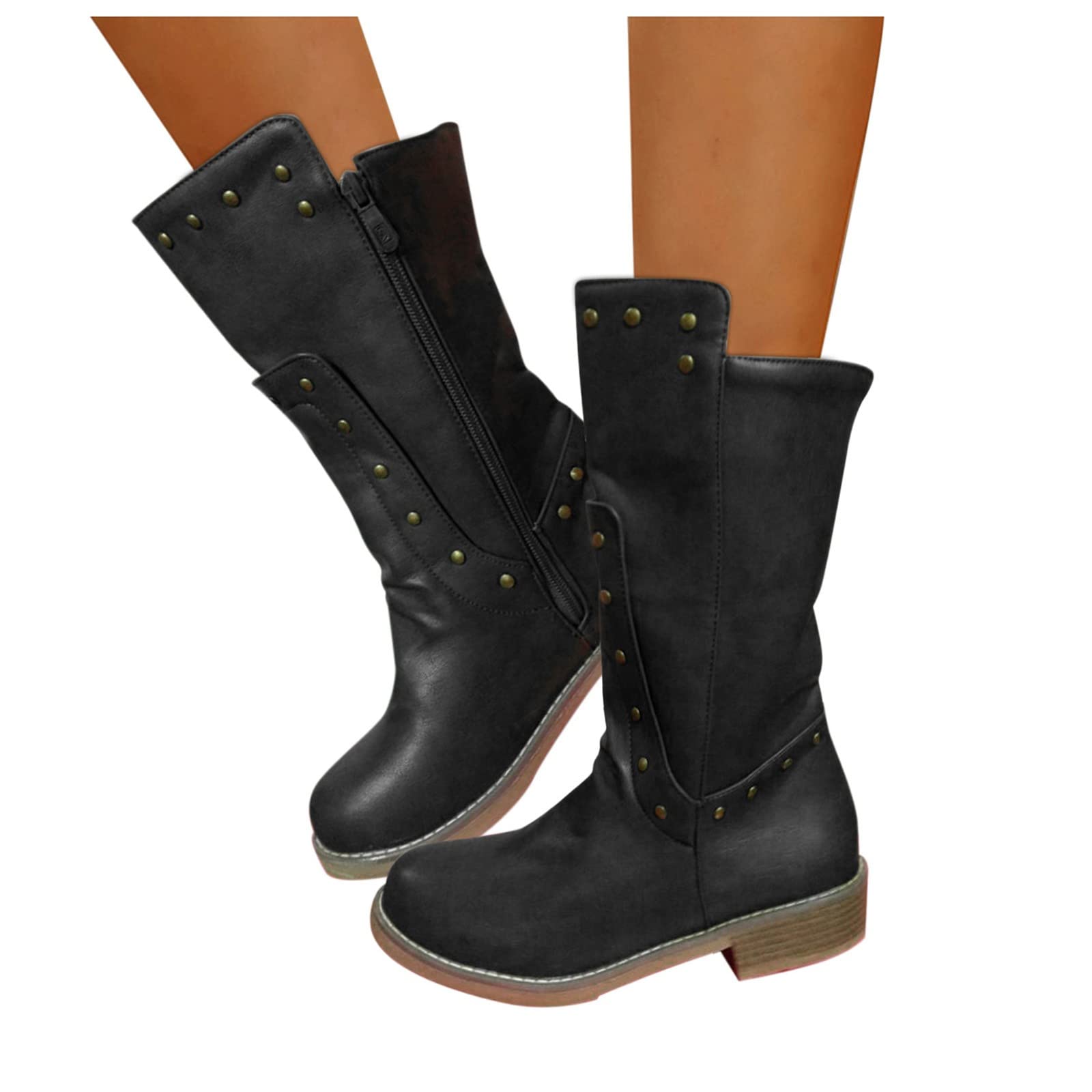 Women's Western Leather Boots - Wide Calf Cowgirl Fashion Slip On Square Toe Mid Calf Comfortable Booties | Perfect for Country Dancing, Rodeo Events & Casual Wear