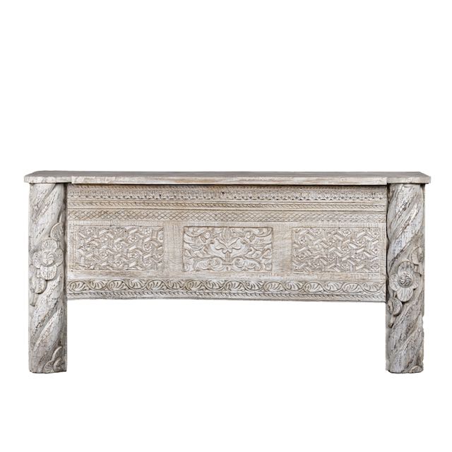 Hand Carved Reclaimed Wood Console Table - Distressed Whitewash Finish Farmhouse Entryway Sofa Table for Living Room, Hallway & Dining Room Decor