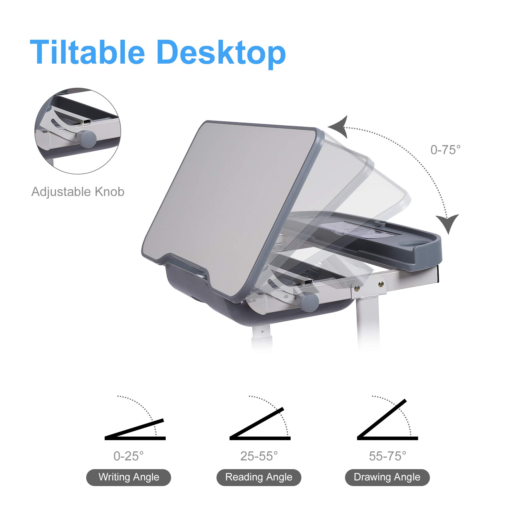 Adjustable Kids Desk and Chair Set with LED Light & Storage Drawer - Ergonomic Study Table for Children, Tilt Desktop & Book Stand - Perfect for Homework, Reading & Online Learning (Grey)