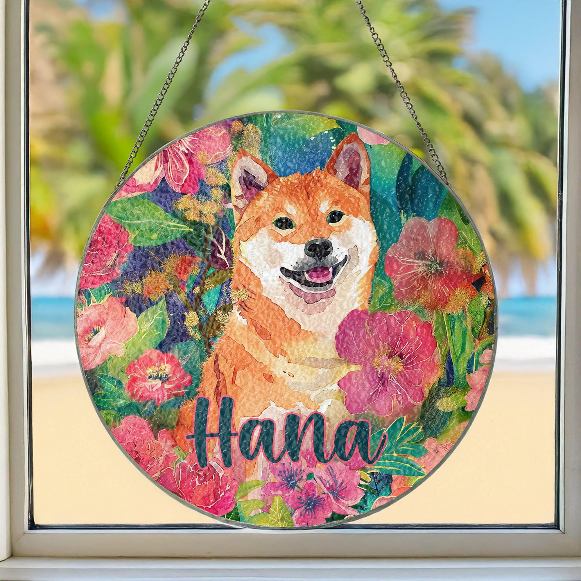 **Shiba Inu Dog Stained Glass Suncatcher - Custom Memorial Gift for Shiba Inu Lovers, Personalized Dog Print Window Decor - Perfect for Home, Office, or Pet Memorial Display**