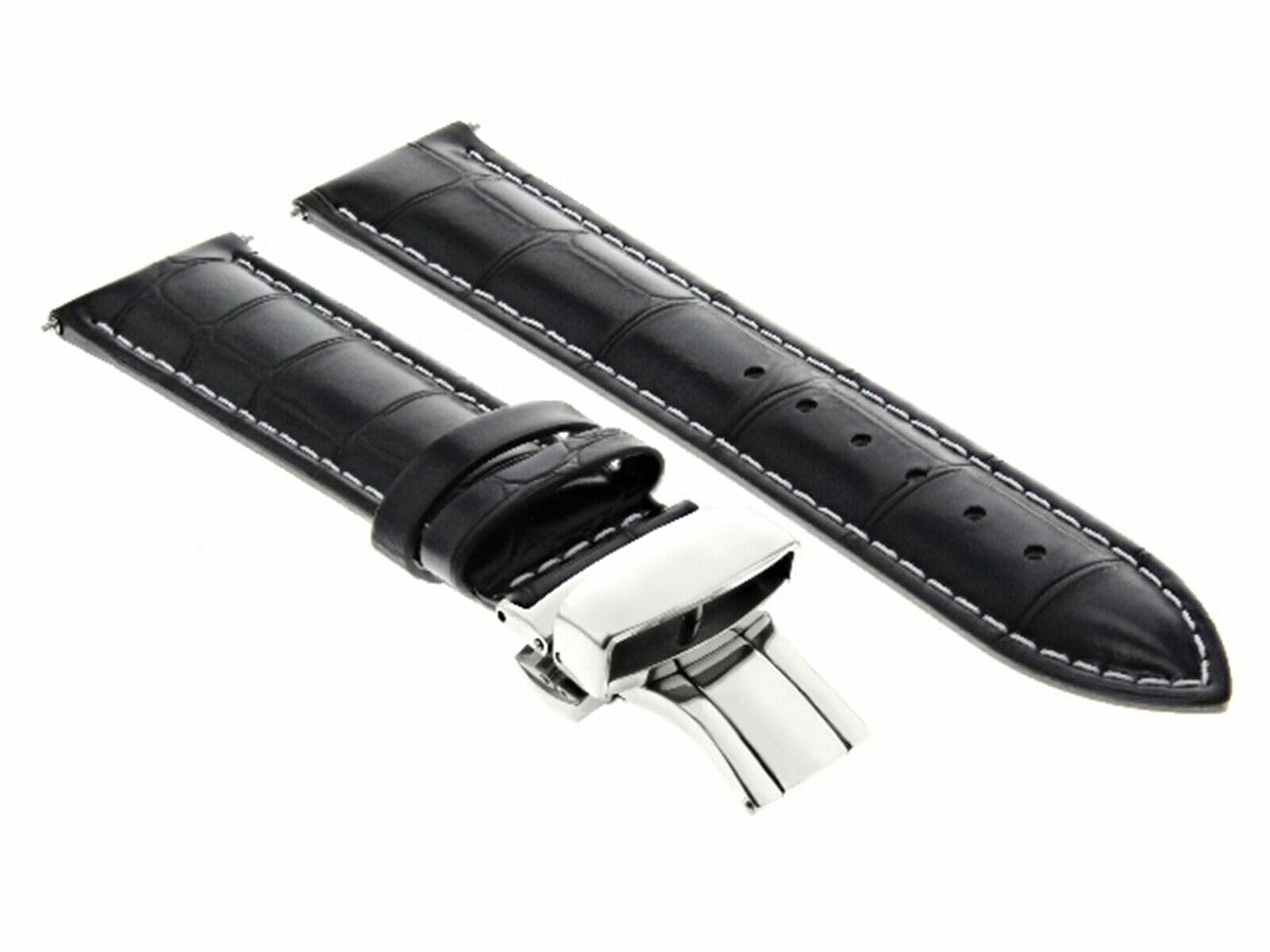 22mm Genuine Leather Watch Band Strap with Deployment Clasp - Compatible with Vacheron Constantin - Black with White Stitching - Premium Replacement Watch Strap for Men & Women - Dress Watch Accessory for Business & Formal Occasions