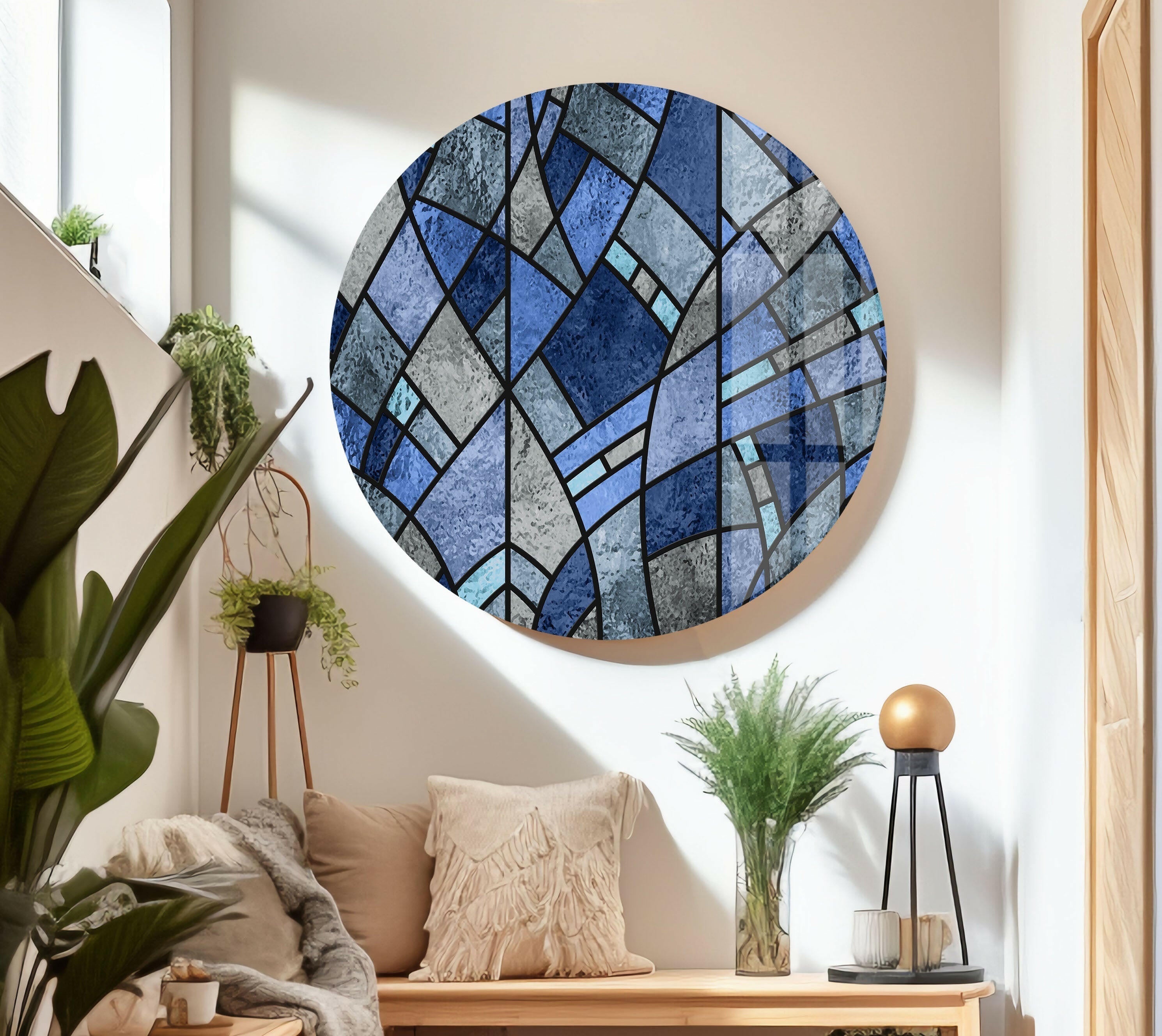 Handmade Blue Stained Glass Wall Art - Elegant Decorative Panel for Home & Office Decor - Perfect for Living Room, Bedroom, or Entryway