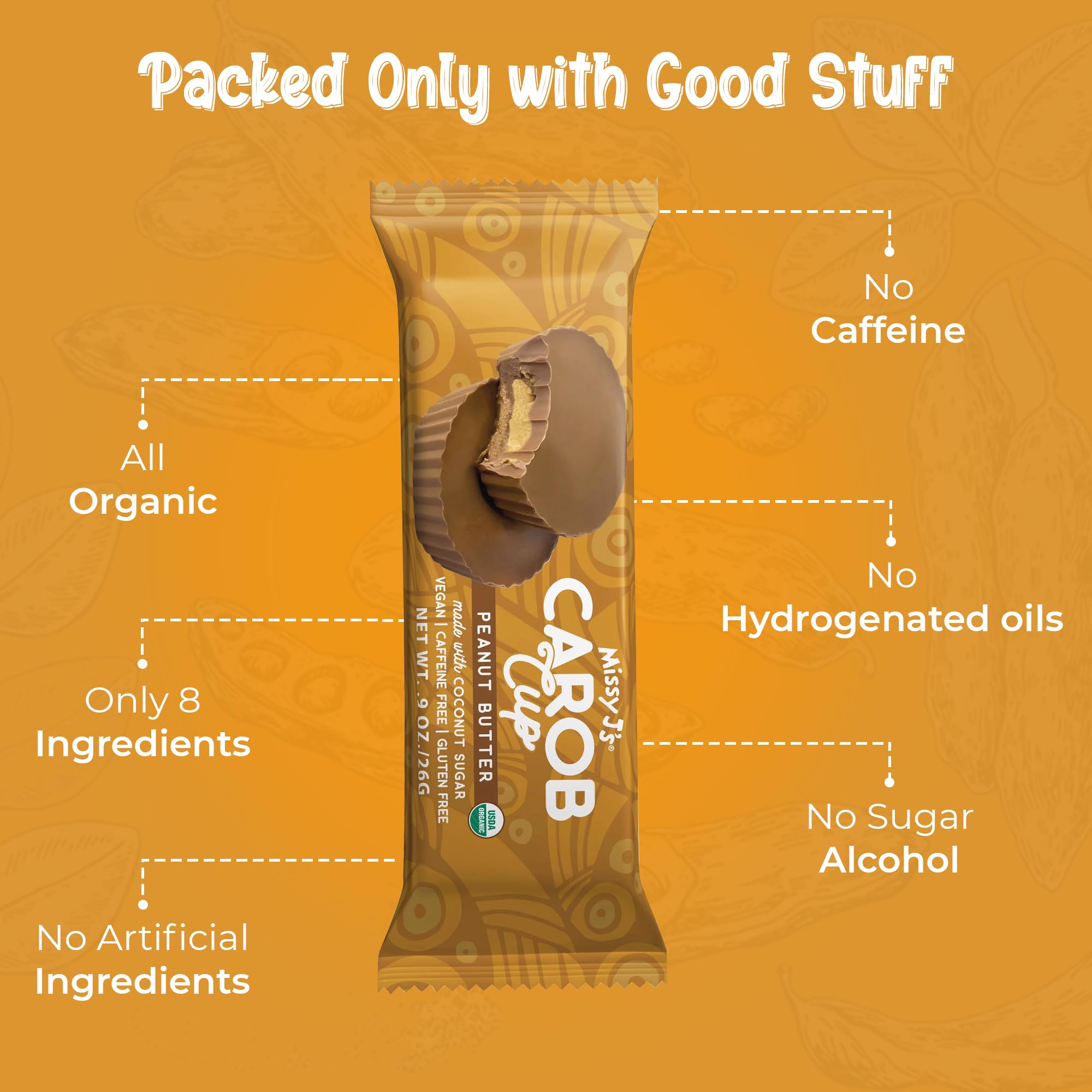 Missy J's Vegan & Gluten-Free Peanut Butter Carob Cups - 12 Pack (0.9 Oz Each) | Healthy Coconut Sugar Sweetened Chocolate Alternative | Caffeine-Free Snacks for Kids, Desserts & Healthy Treats | Perfect for Lunchboxes, Parties & Weight Management