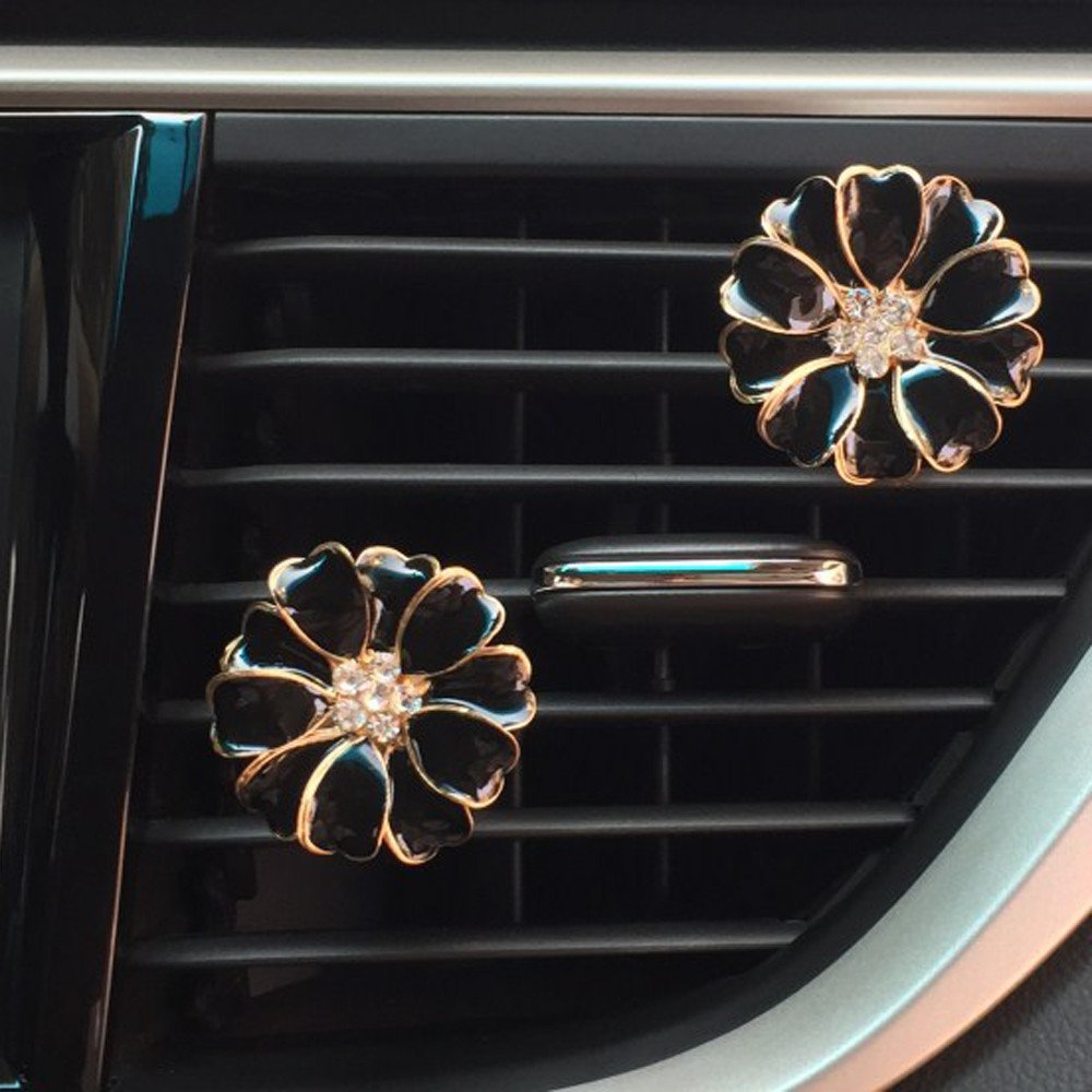 2 Pack Daisy Flower Car Air Freshener with Bling Diamond - Cute Air Vent Clips for Automotive Interior Decor, Car Accessories Gift (Black) - Perfect for Daily Commute, Road Trips & Car Decoration